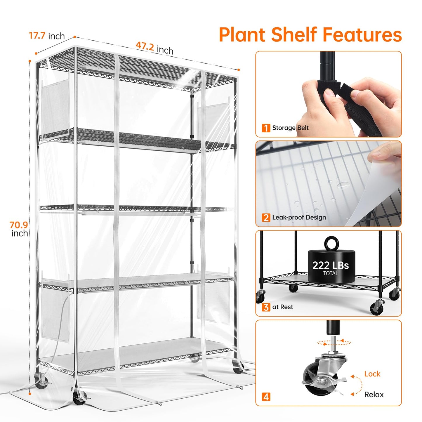 Bstrip Indoor Greenhouse with Grow Light, 5-Tier 47.2"x17.8"x71" Metal Plant Cabinet with Timer & Cover, 4 x 36W Full Spectrum LED Grow Light (3 Color Modes), Seed Starting Trays for Indoor Gardening
