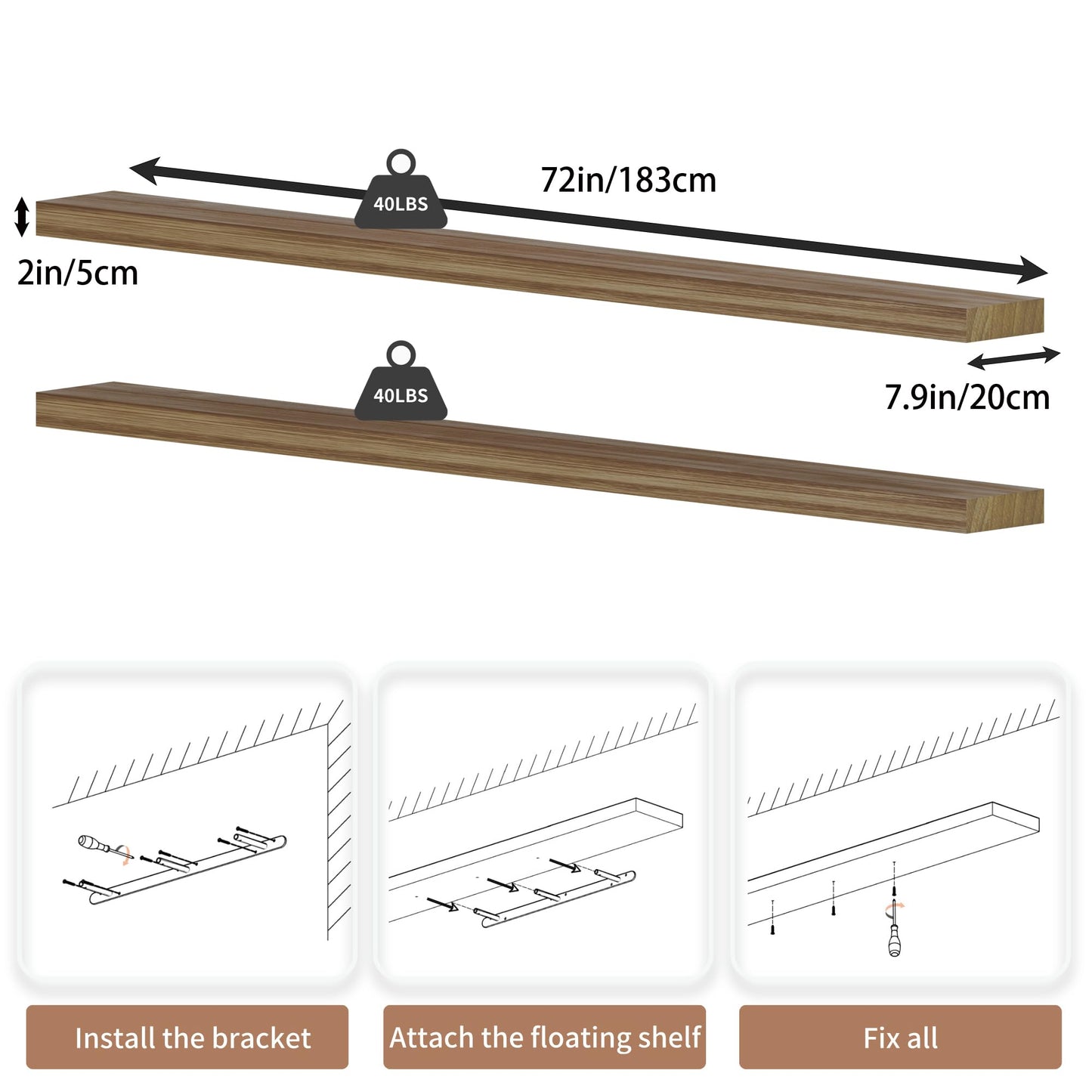 ONOTETUT 72 inch Long Floating Shelves for Wall,Solid Wood Long Wall Shelves Set of 2,Brwon Wooden Wall Mounted Shelf,Wall Bookshelf Bathroom Shelves