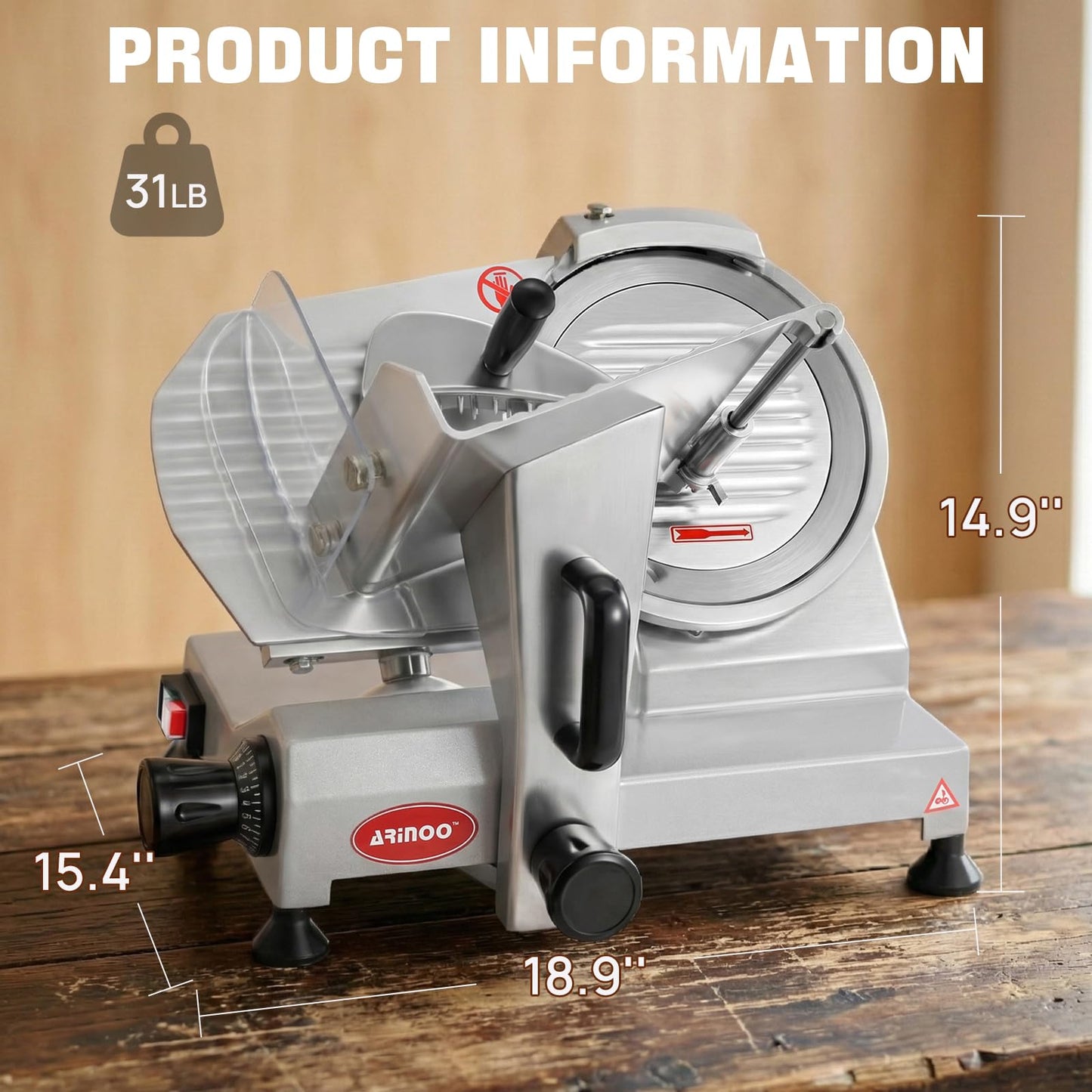 ARINOO 8.5''Commercial Meat Slicer, Electric Food Slicer with Carbon Steel Blade and Sharpening Stone, Deli Food Slicer for Frozen Meat, Cheese, and Bread, Easy to Clean for Home & Restaurant Use