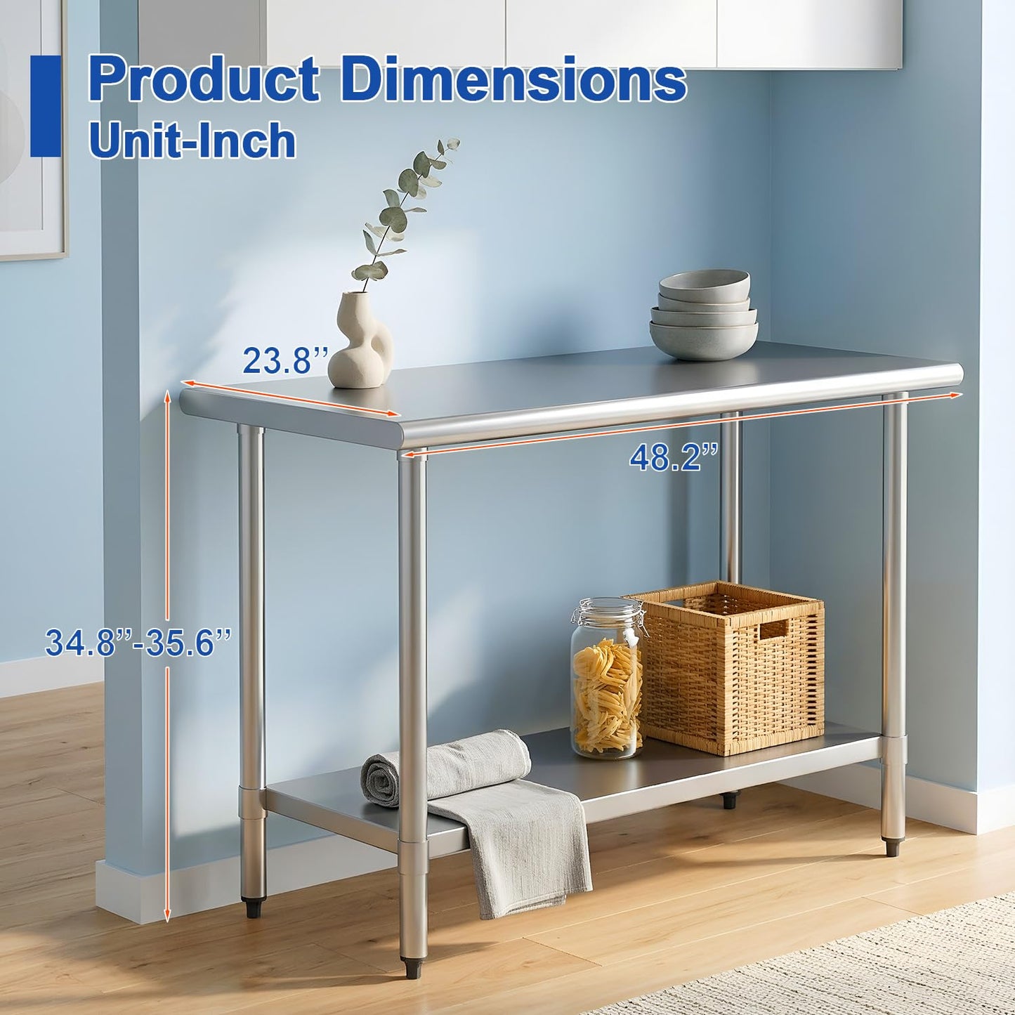 FDW Stainless Steel Work Table 24 x 48 Inches, Heavy Duty Commercial Food Prep Table with Adjustable Under Shelf, Metal Workbench for Restaurant, Kitchen, Garage, Home