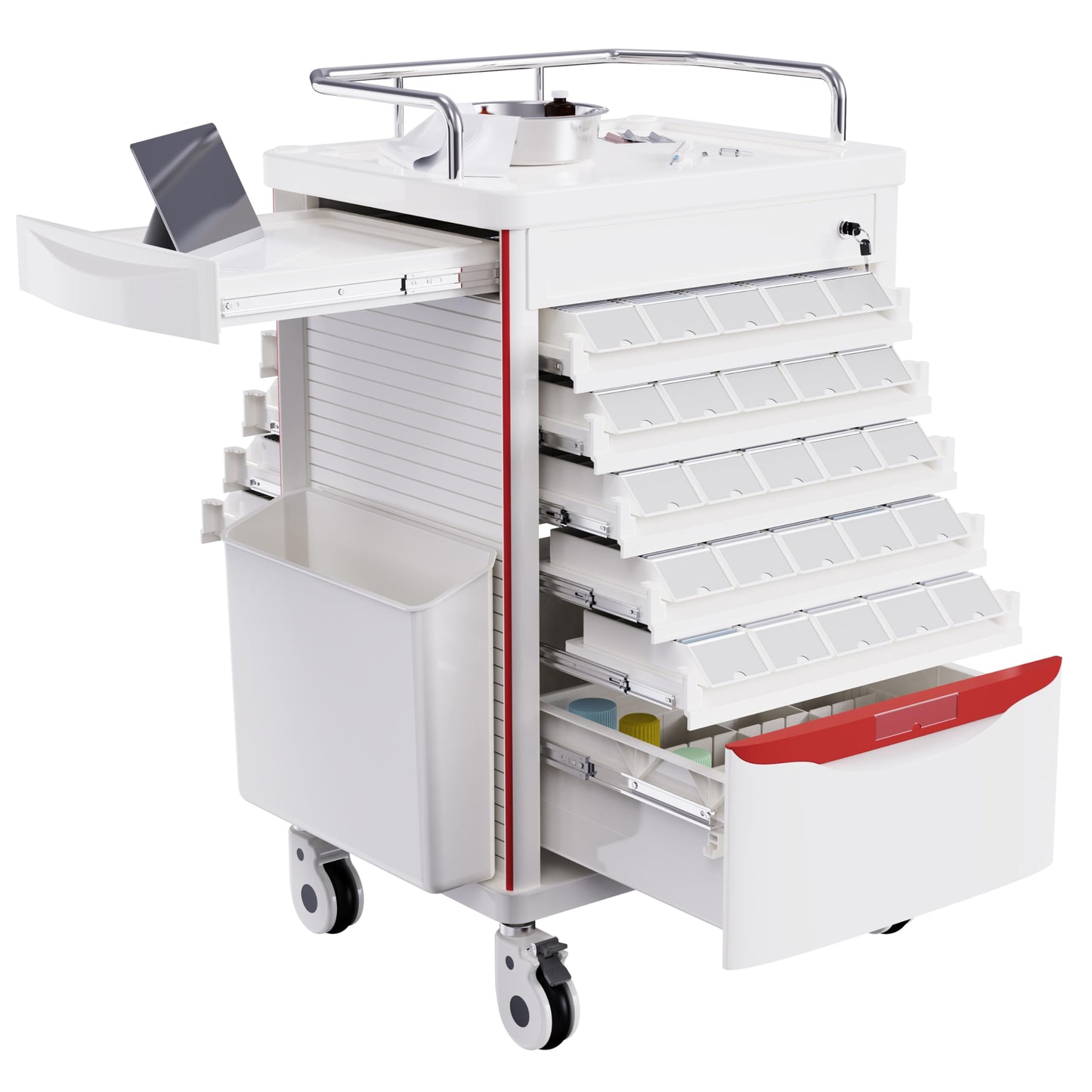 OLERN Medication Bins Cart with 200 Bins, 10 Drawers - Dual-Sided Open, 50 Medicine Boxes, Hidden Sub Workbench, Silent Casters, Container, 2 Trash Bin-Medical Crash Cart for Clinic, Hospital and Lab