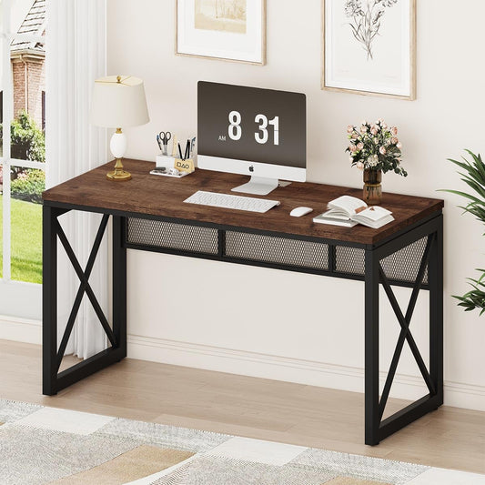 BON AUGURE Farmhouse Computer Desk, Modern Industrial Home Office Desks, Wood Metal Study Writing Table, Sturdy Gaming Desk (Rustic Oak, 54 Inch)