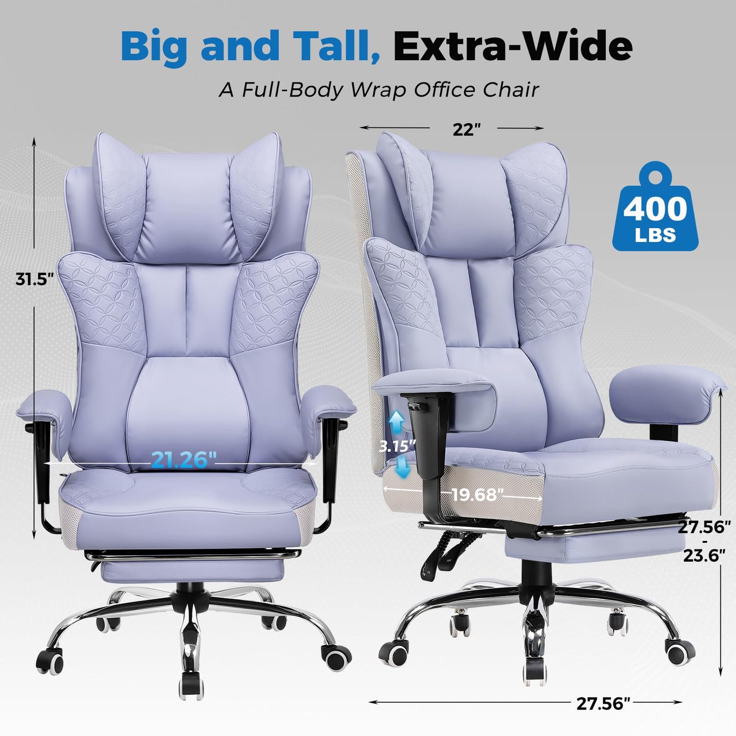 GTPLAYER Big and Tall Office Chair, Wide Ergonomic Gaming Chair with Deluxe Embossing Designed Leather with Foot Rest,150°Reclining Adjustable Soft Armrests Pocket Spring Back Support and Pillow