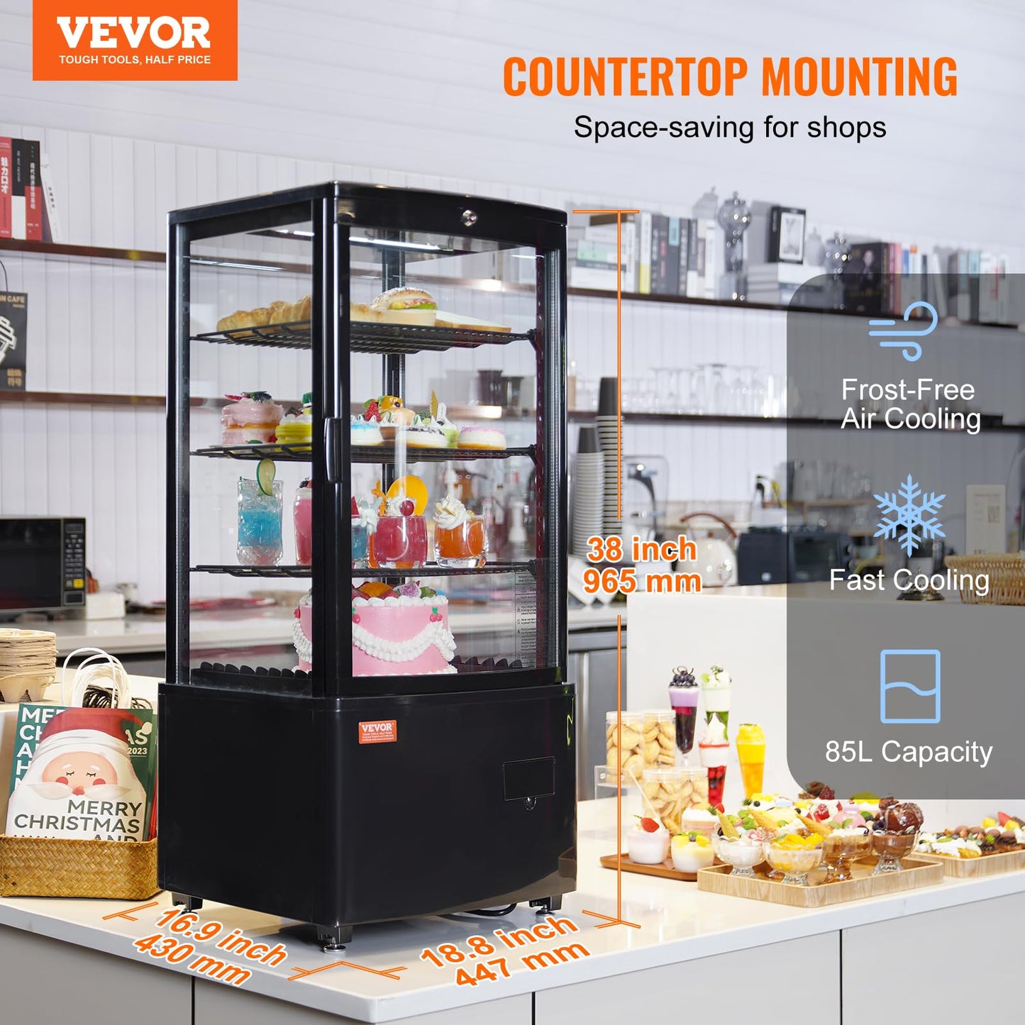 VEVOR XC-78L(1R) Cake Refrigerated 3 Cu.Ft./85L Countertop Pastry, Commercial Display Case with LED Lighting, TURBO, Frost-Free Air-Cooling, Locked Door for Bakery, 18.8 x 16.9 x 38 in, Black