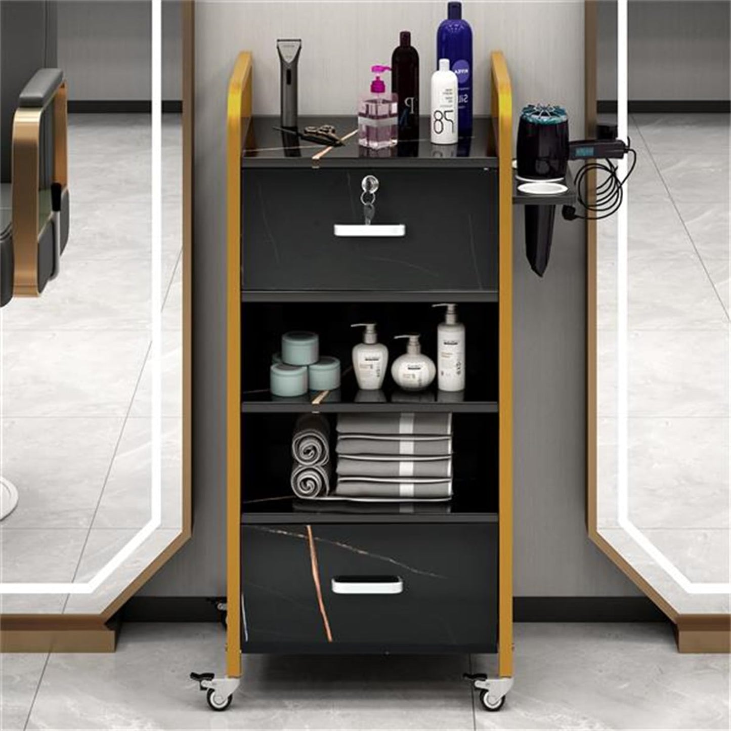 CUIYMXSC Salon Storage Cabinet, Versatile Salon Stations with Locking Drawers and 3 Hair Dryer Holder, Salon Storage Trolley Cart, Beauty Barber Salon Styling Station Organizer Equipment