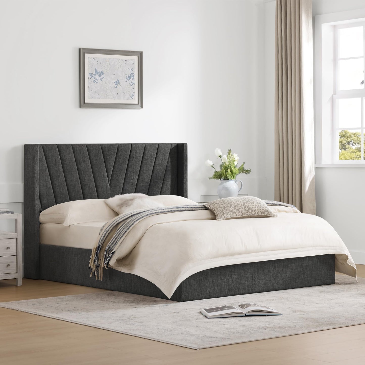 KISLOT Queen Size Lift Up Storage Bed Frame, Modern Hydraulic Support Platform Bed Wingback Velvet Headboard Sturdy Wooden Slat Support No Box Spring Needed