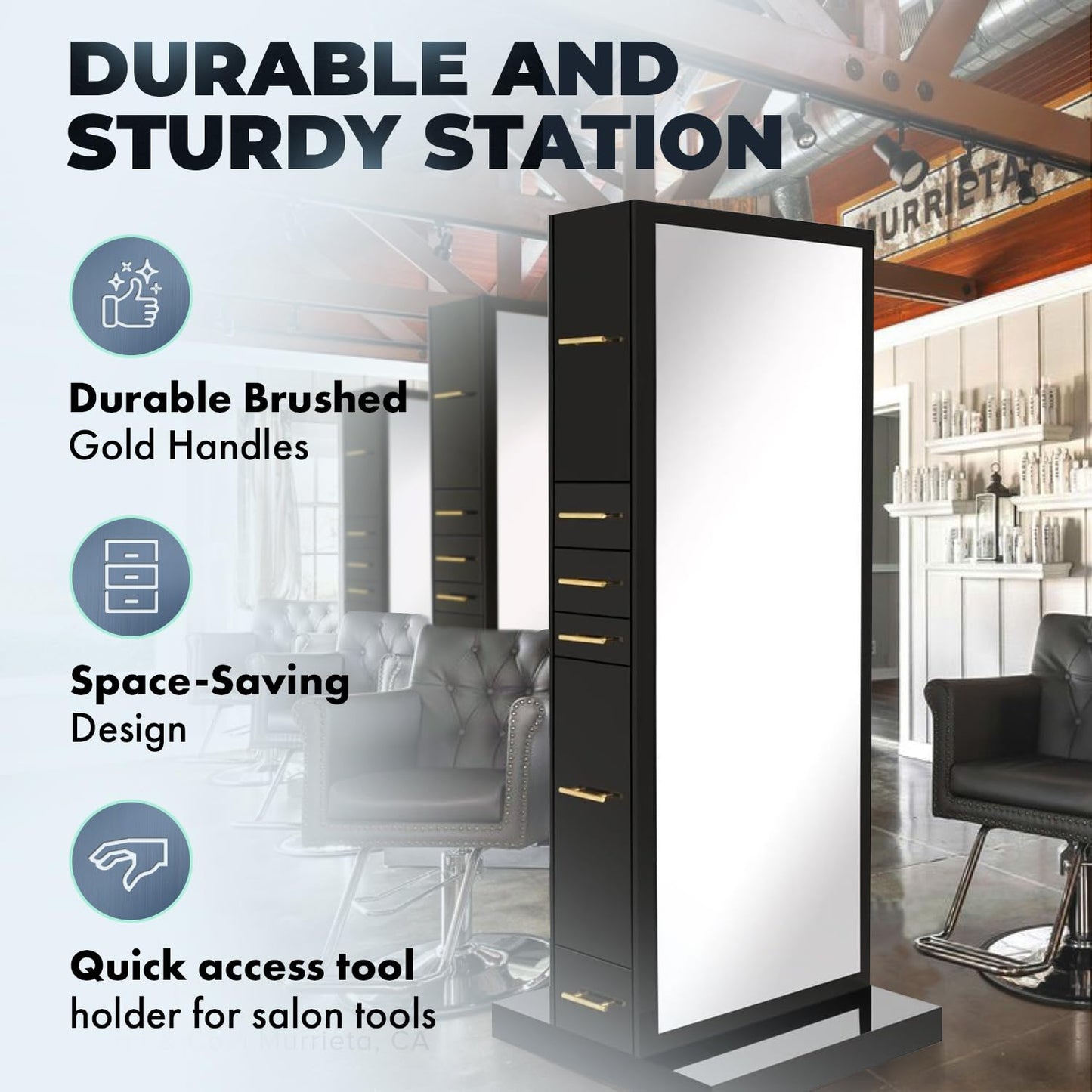 Buy-Rite Modena Double-Sided Styling Station for Professional Salons & Barbershops, Gloss Black, 2 Full-Length Mirrors, Storage Cabinets, Drawers, Slide-Out Tool Drawer, NIN-MD-01