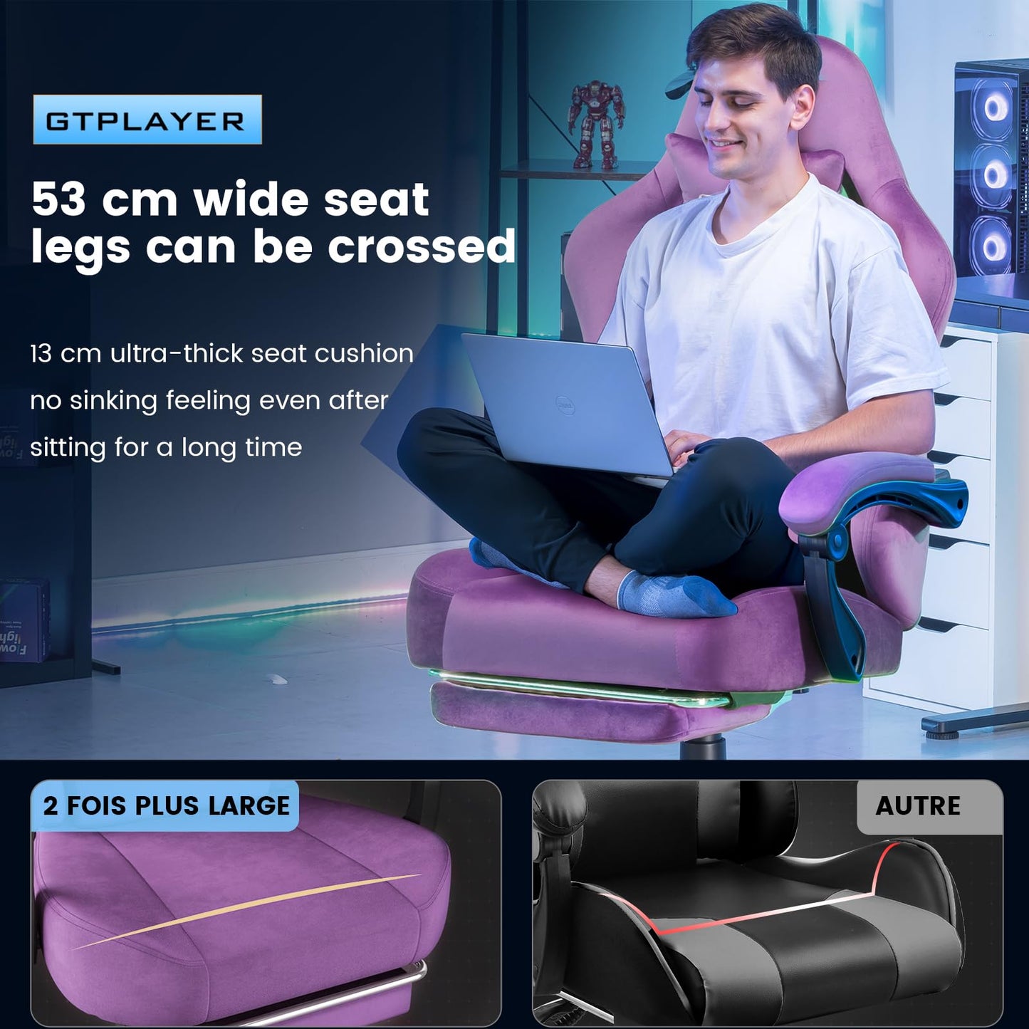 GTPLAYER Big and Tall Gaming Chair 400lbs Heavy Duty Office Chair with FootRest,High Back Pocket Spring Ergonomic Computer Chair for Adults,Wide Comfy Seated Cushion with Linkage Armrests,Light Purple