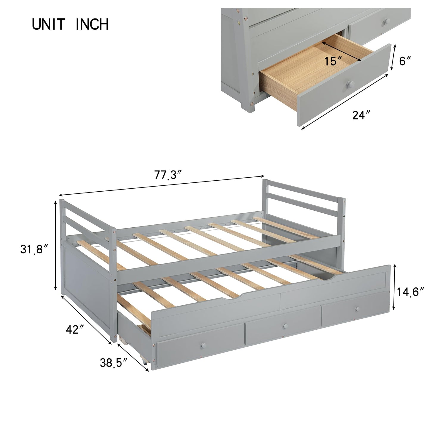 KEIKI Twin Bed Frame with Trundle & 3 Storage Drawers, Modern Captain’s Bed, Pine Platform Corner Bed with Headboard & Footboard for Living Room, Guest Room, or Bedroom, Gray