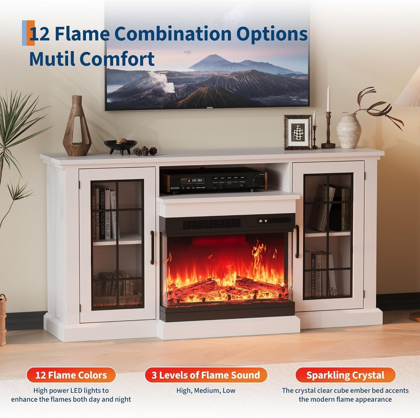 GAOMON 75" TV Stand & 40" 3 Sided Glass Electric Fireplace, 12 Colors LED Lights Flame, 750W/1500W for Max 85" TVs, 2 Tier Storage 2 Door Glass Cabinet
