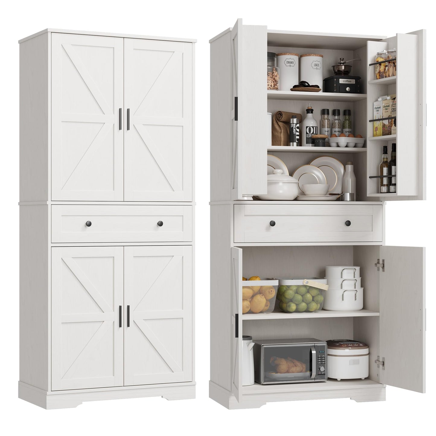Garvee 71" Kitchen Pantry Cabinet, Barn Door Freestanding Cupboard with Drawer, Sliding Storage Rack, and 6 Hanging Shelves for Kitchen, Dining Room, Living Room Bedroom