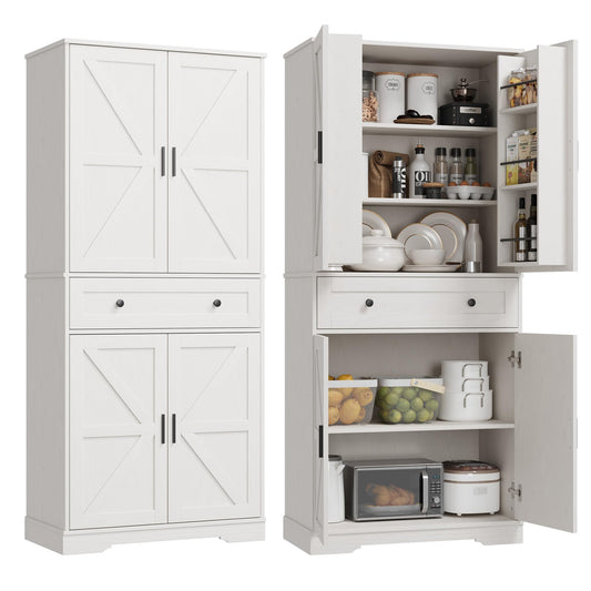 Garvee 71" Kitchen Pantry Cabinet, Barn Door Freestanding Cupboard with Drawer, Sliding Storage Rack, and 6 Hanging Shelves for Kitchen, Dining Room, Living Room Bedroom