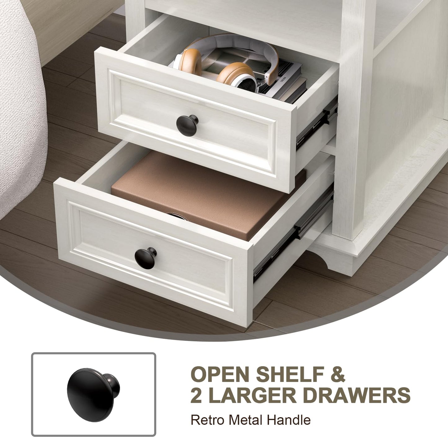 REDAYFUR 24” Tall Nightstand with Charging Station, 18” Bedside Table with Drawers,Rustic Wooden Storage Cabinet with Open Shelf for Bedroom,White