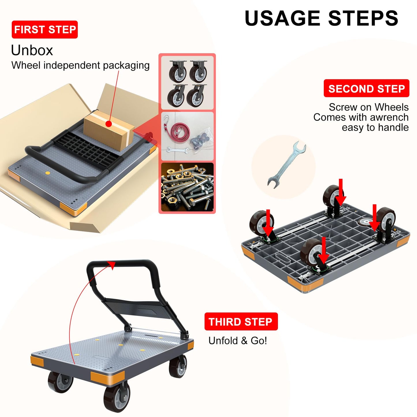 WUD Push Cart, Folding Mobile Platform Trolley,Thickened and Reinforced, 360° Swivel Wheels,35.4 “L x 23.6 ”W, 1323 lb.Grey Dolly cart with Wheels
