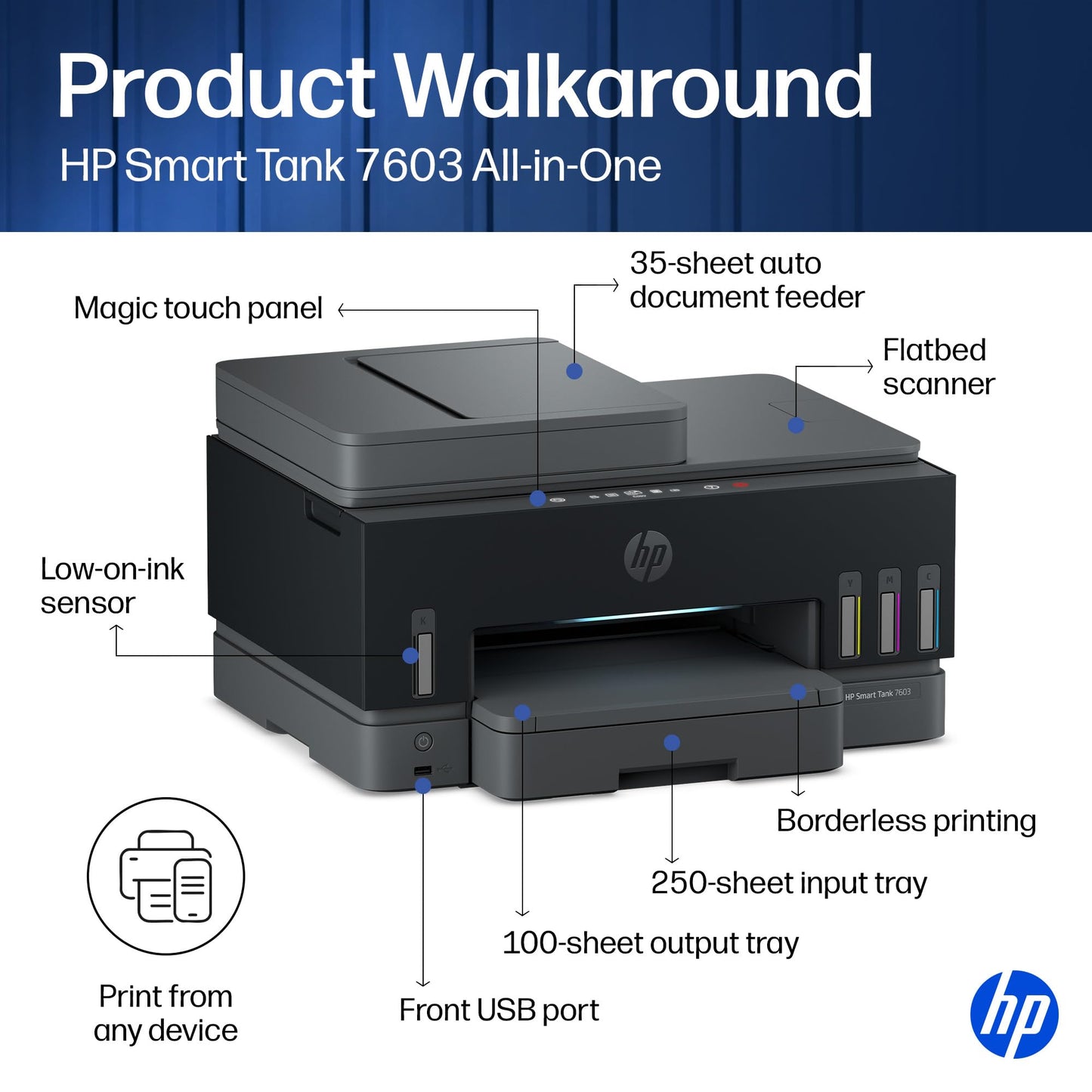 HP Smart Tank 7603 Wireless All-in-One Ink Tank Printer, Scanner, Copier with up to 3 Years of Ink Included, Best-for-Home Office, Cartridge-Free Refillable, AI-Capable (D34F7A)