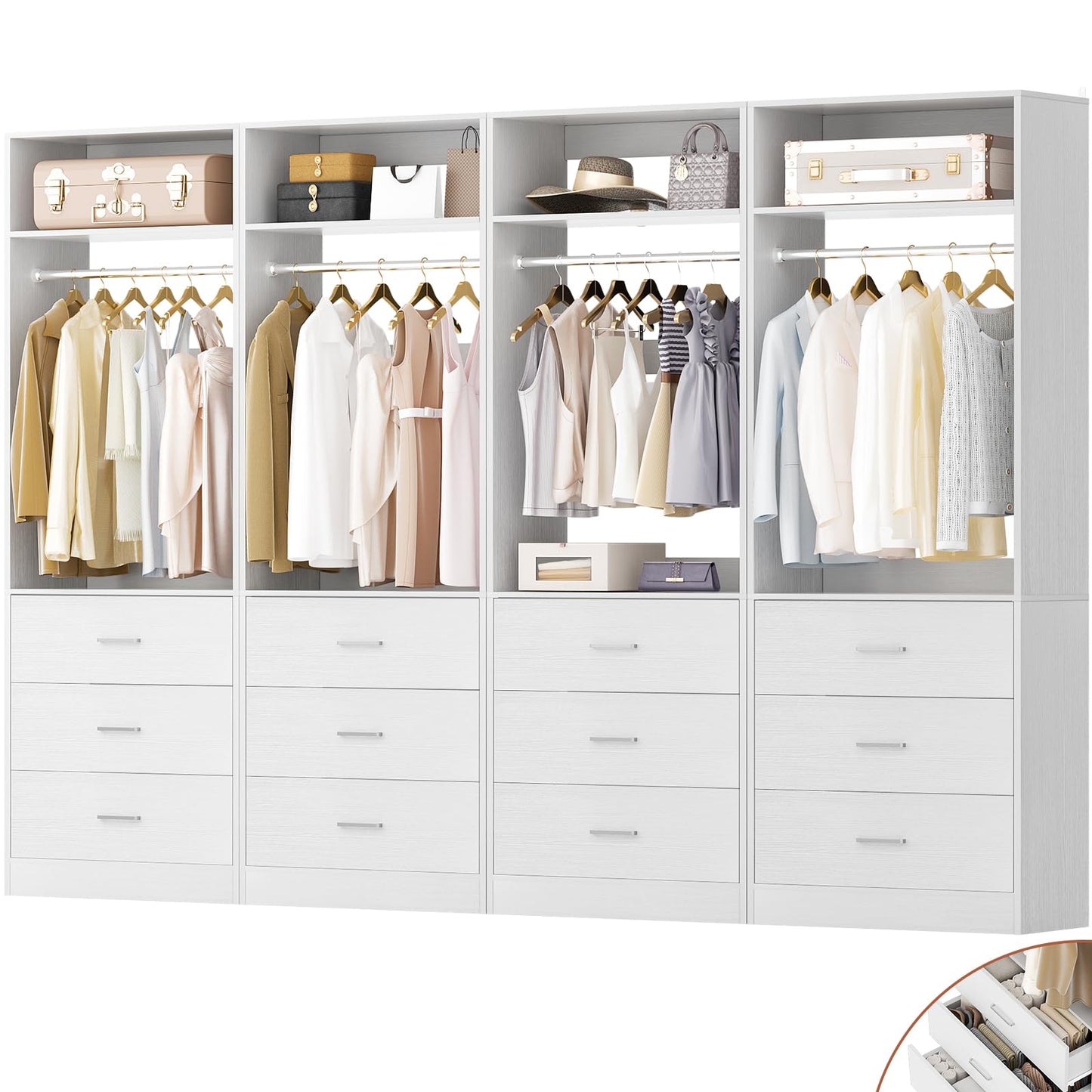 Besiost Closet System Set of 4, 8FT Closet Systems with 12 Wood Drawers, 96" Closet Organizer System with 4 Hanging Rods & 4 Shelves, Heavy Duty 96 Inch Walk-in Closet, White (96"L x 15" W x 80" H)