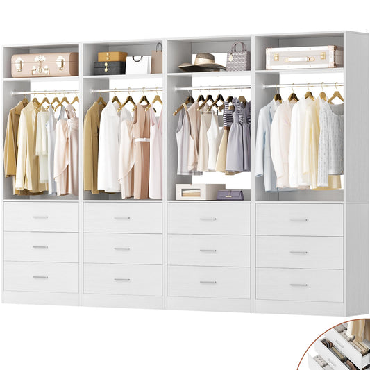 Besiost Closet System Set of 4, 8FT Closet Systems with 12 Wood Drawers, 96" Closet Organizer System with 4 Hanging Rods & 4 Shelves, Heavy Duty 96 Inch Walk-in Closet, White (96"L x 15" W x 80" H)
