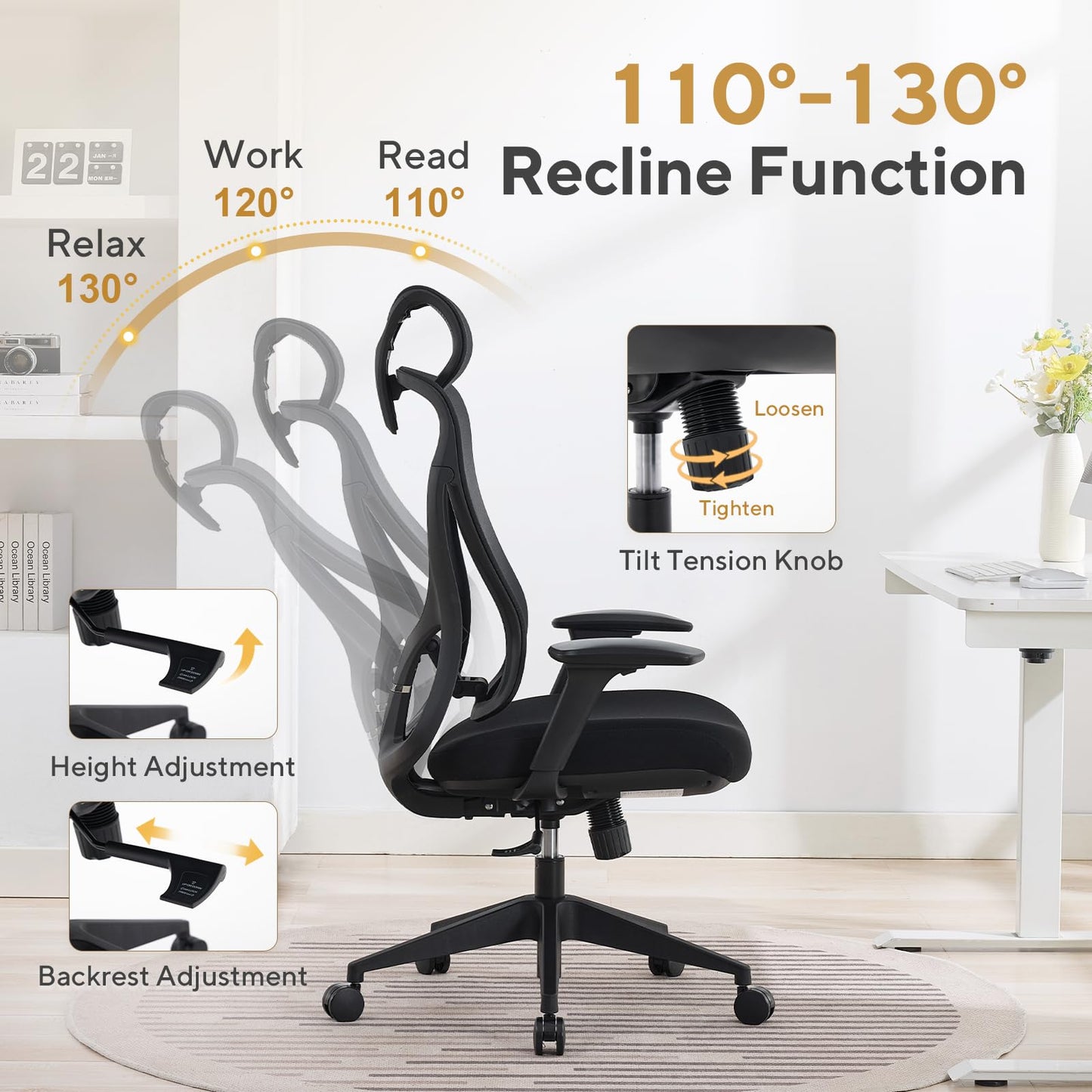 Nouhaus Apertura Ergonomic Office Chair, Home Office Desk Chairs w/Adjustable Lumbar Support & Headrest, Dynamic Back Support, 3D Armrests, High Back Mesh Comfy Computer Chair for Long Hours (Black)
