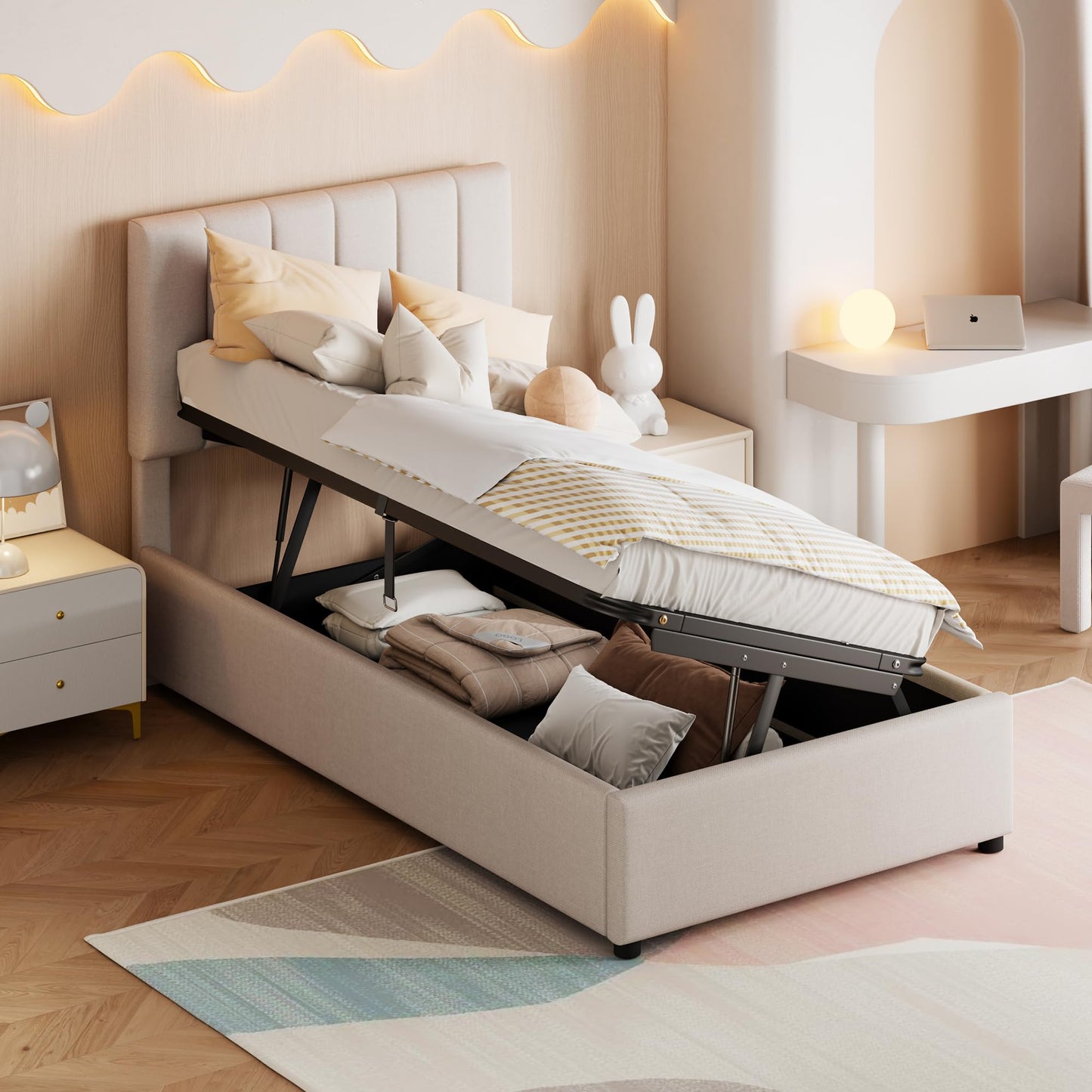 Merax Twin Size Upholstered Platform Bed with a Hydraulic Storage System, No Box Spring Needed, Beige