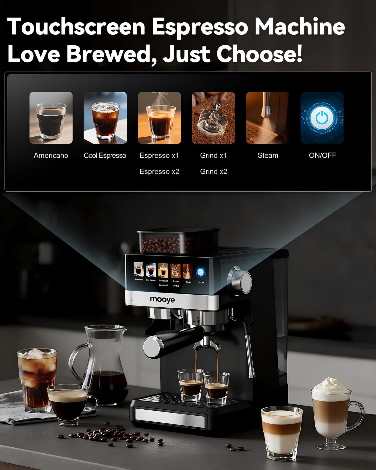 Mooye Espresso Machine with Grinder,20Bar Compact Espresso Maker with Steam Milk Frother,Coffee Maker for Home - Cappuccino Latte & Cold Brew Iced Coffee Maker & Americano, Gift for Women or Men