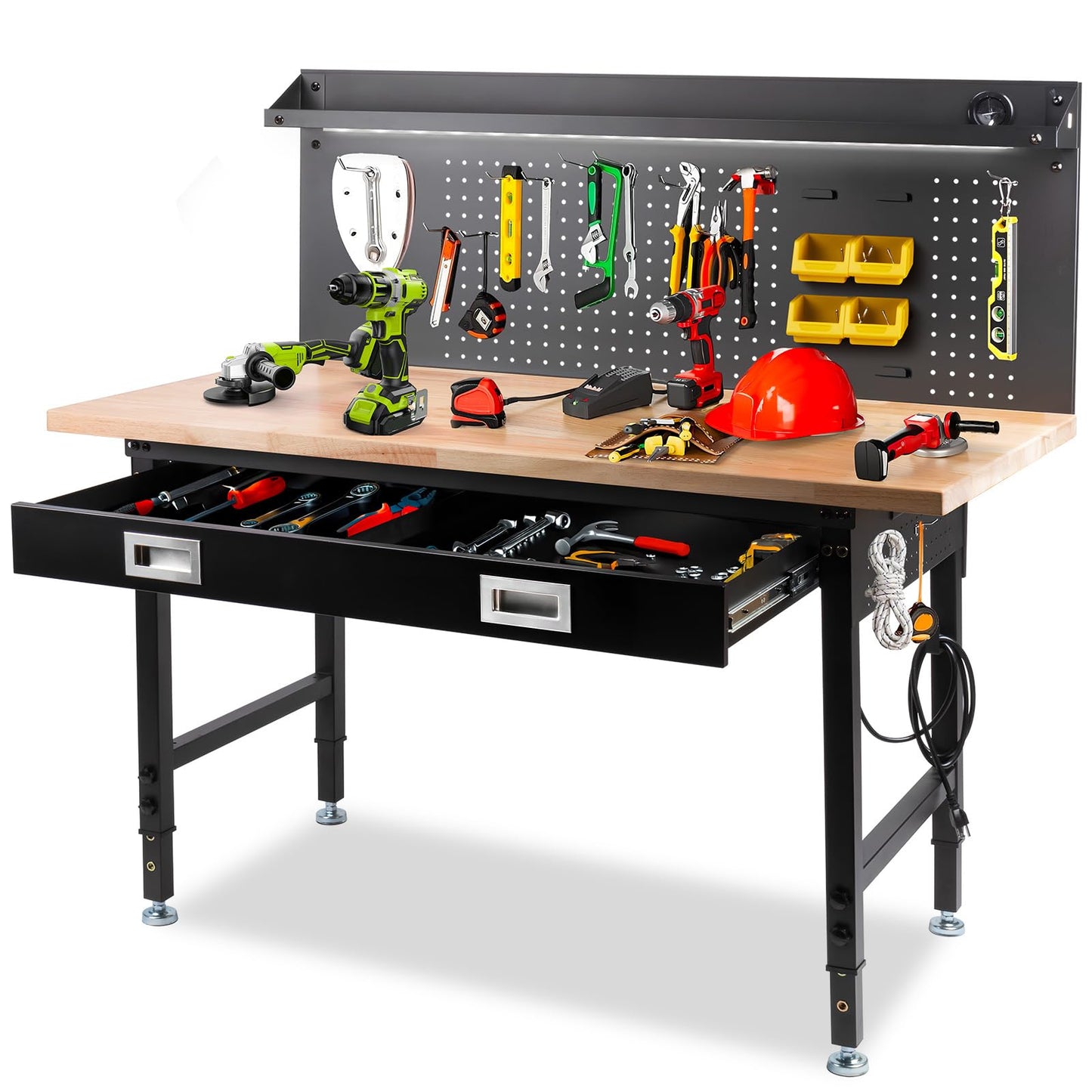 MUWOOD 60" Workbench with Drawers, Work Benches for Garage with Strip Light, Adjustable Work Table with Large Pegboard, 2000 LBS Heavy Duty Table with Power Outlet Rubber Wood for Garage
