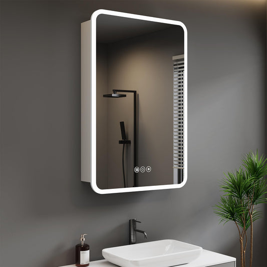 HBEZON Medicine Cabinet with LED Lights and Mirror, 16 x 24 Inch Surface or Recessed Mounted Bathroom Cabinet with Door, Defogger, Memory Function, 3-Color Mode, Outlet&USB, Dimmer, Storage Shelf