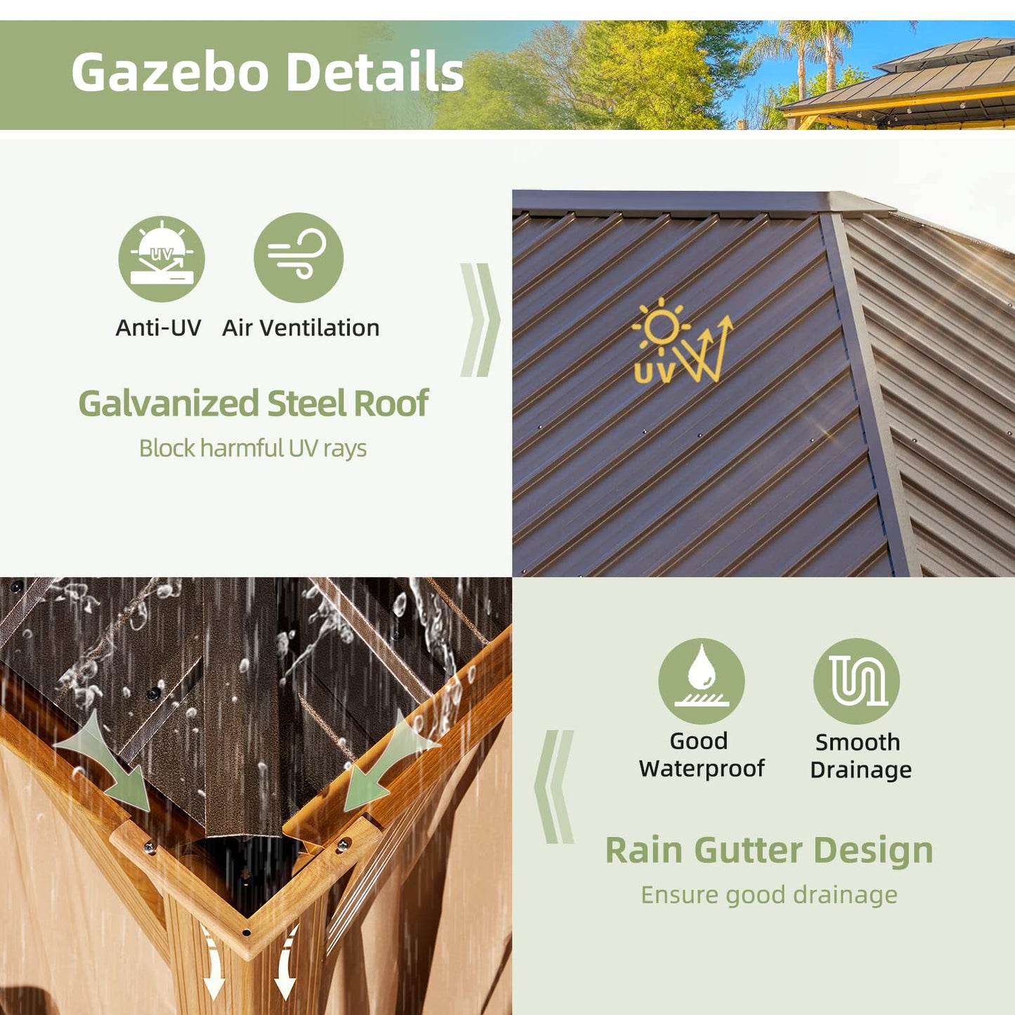 YOLENY 12' x 16' Hardtop Gazebo, Wood Looking Gazebo with Aluminum Frame and Single Galvanized Steel Roof, Outdoor Permanent Metal Pavilion with Curtains and Nettings for Deck, Backyard and Patio