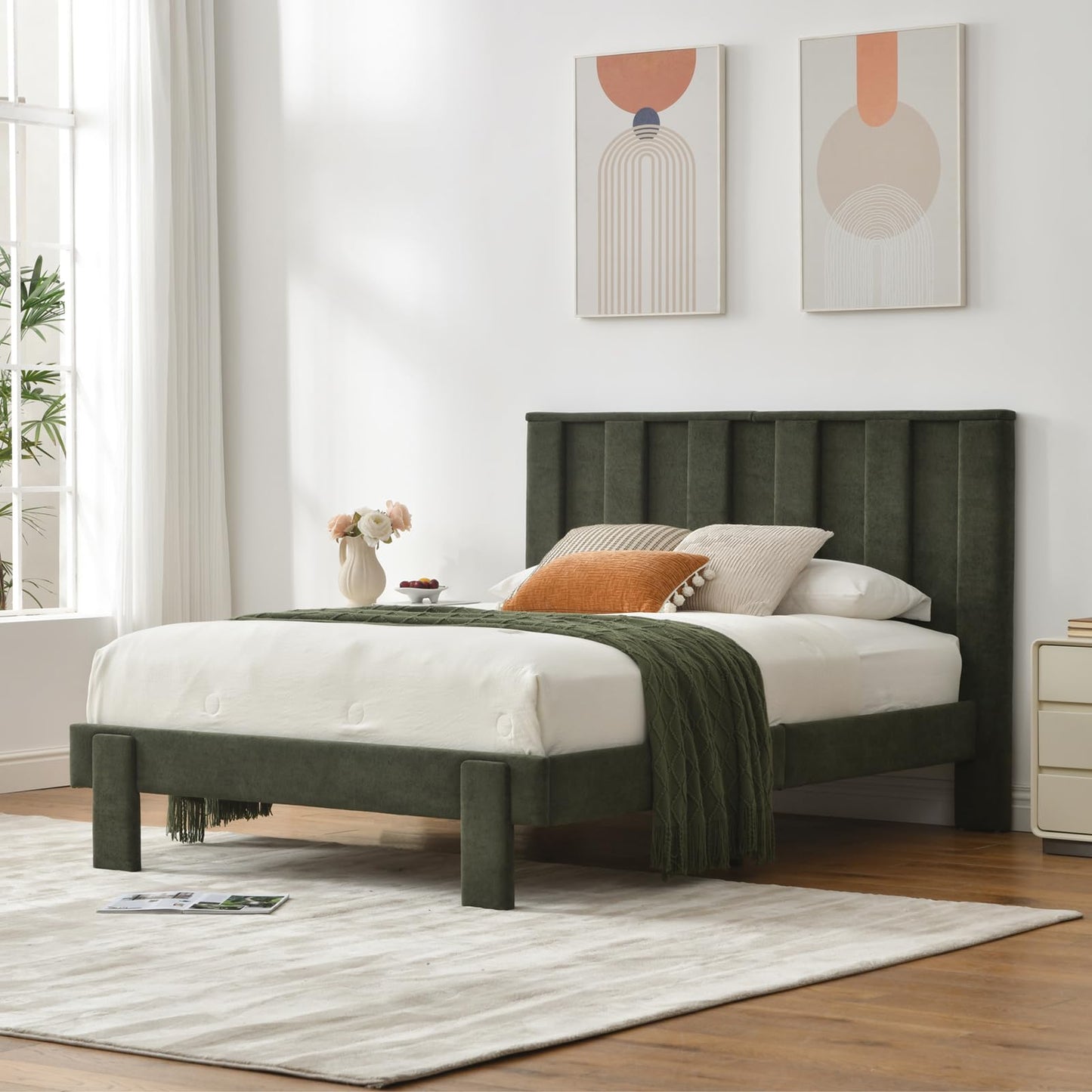 PINJU Sturdy Upholstered Platform Bed Frame with Vertical Channel Tufted Headboard, No Box Spring Needed, Easy Assembly, Noise-Free Bed Frame for Bedroom (Green, Full)
