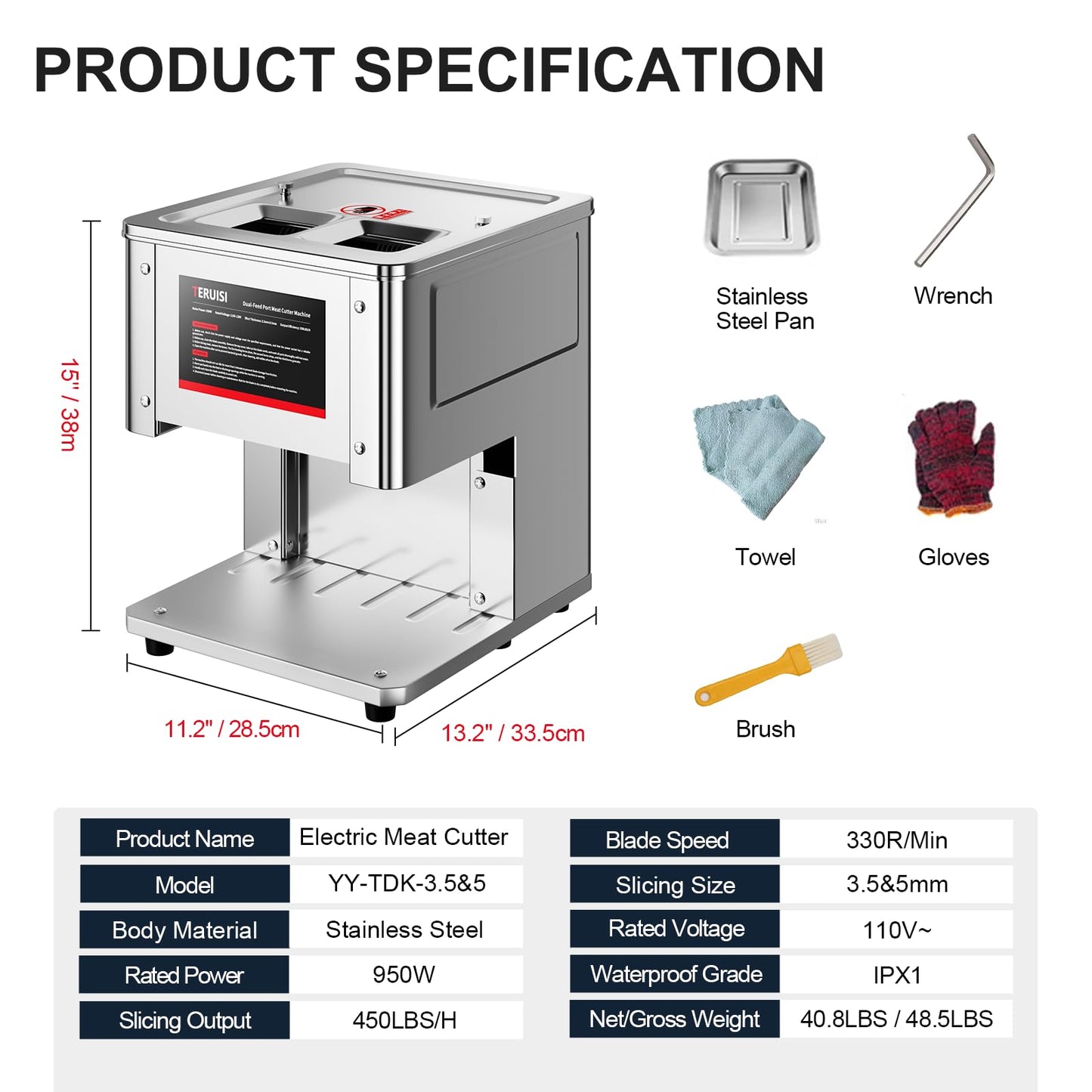 TERUISI Commercial Meat Cutter Machine, 950W Dual-Port Electric Meat Cutter 3.5mm&5mm Slicing Output 450 LBS/H, Meat Slicer with Removable Blade for Boneless Beef Chicken Soft Vegetables