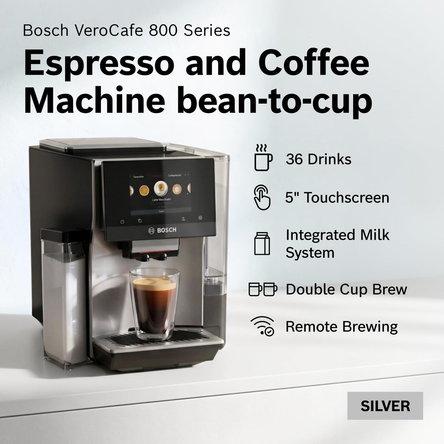 Bosch Fully Automatic Coffee and Espresso Machine - 36 Drinks, Double Cup Barista Style Super Coffee Maker - Touchscreen, Large Bean Capacity - Easy Clean, Maintenance - Silver - TQU60307