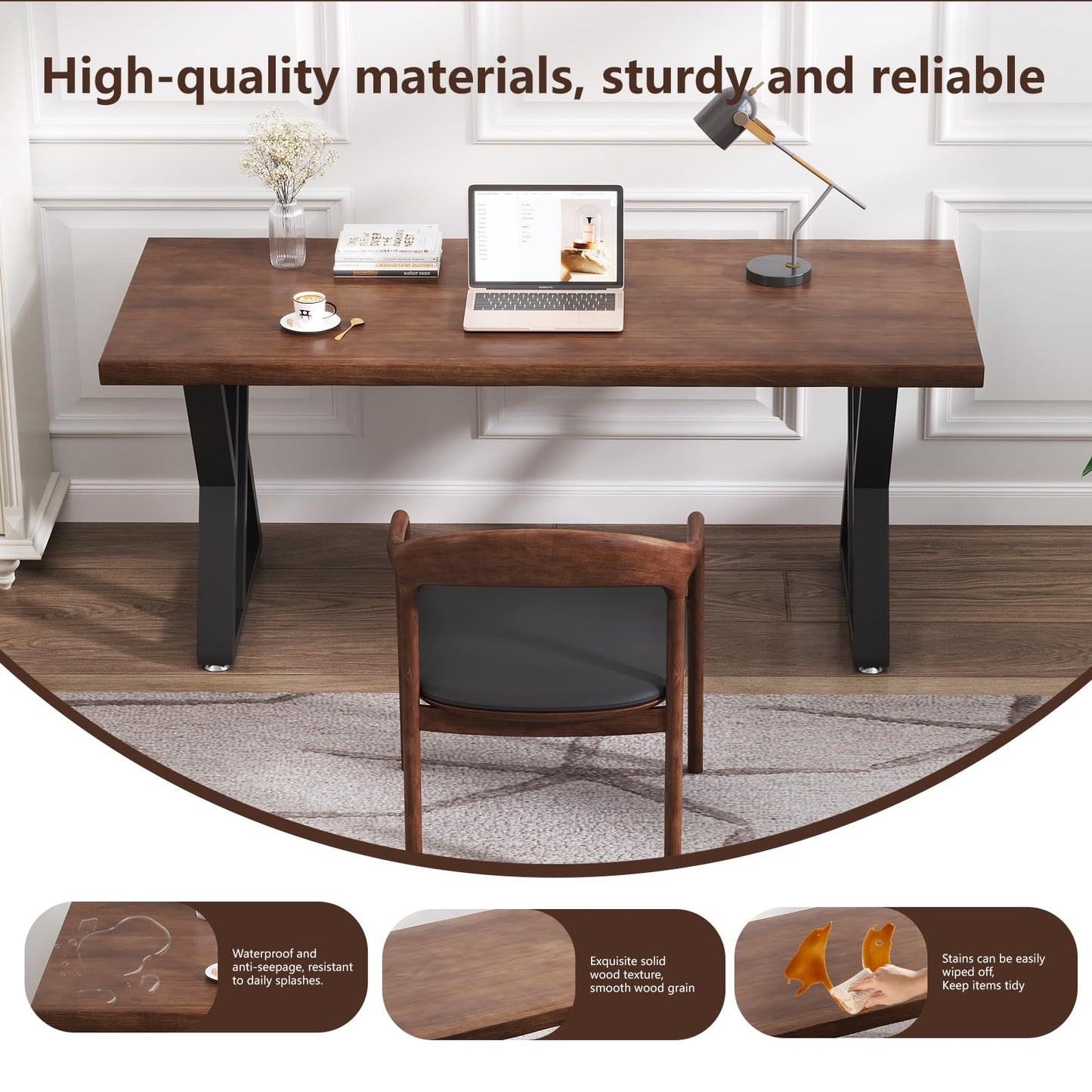 tiedingding Solid Wood Desk 47 Inch, Rustic Wooden Writing Desk with Sturdy Metal Frame, Modern Simple Design Executive Real Wood Computer Desk for Home Office, Bedroom & Living Room (Natural Finish)