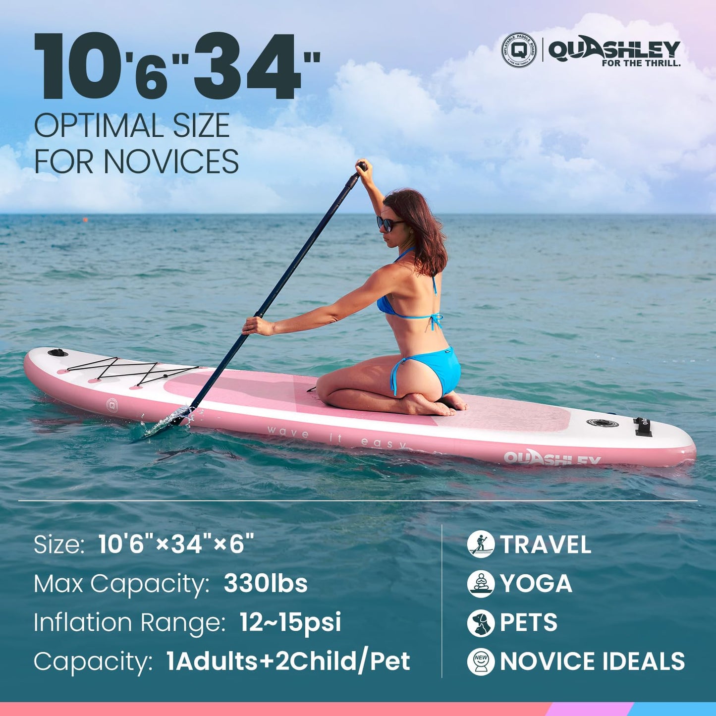 Quashley Inflatable Stand Up Paddle Board, Extra Wide 34" Sup Board for All Skill Levels with Accessories, Stable Paddleboards for Youth & Adults Lightweight SUP Boards Pink Color
