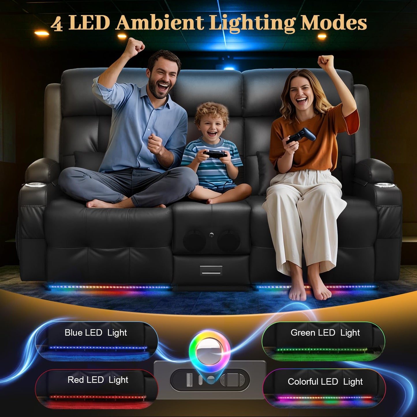 Aotolo Power Reclining Loveseat Sofa with Console, Wall Hugger RV Recliner Couch, Home Theater Seating with Heating & Massage, Bluetooth Speaker, LED Light, USB & Type-C Ports, Storage Armrests
