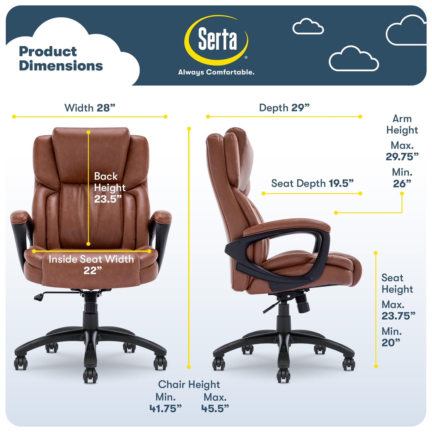 Serta Garret Executive Office Chair, Ergonomic Mid-Back with Lumbar Support, Semi-Plush Cushion and Body Pillows, Padded Armrests, Swivel Base, Bonded Leather, Cognac