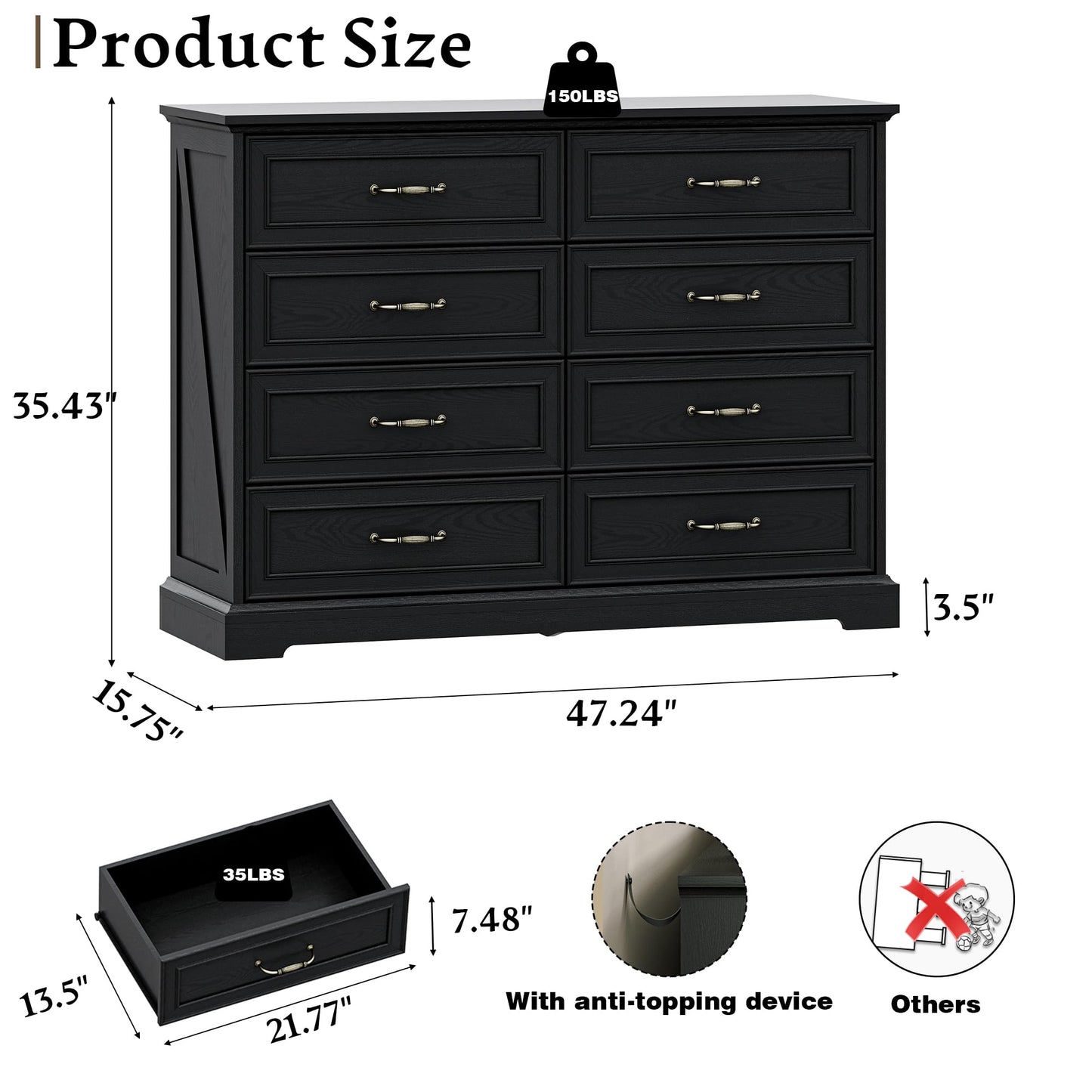 Farmhouse 8 Drawers Dresser for Bedroom, 48" Wide Modern Chest of Drawers with Deep Drawers & Bar Handles, Wood Dresser TV Stand, Wooden Rustic Closet Storage Organizer for Living Room, Hallway, Black