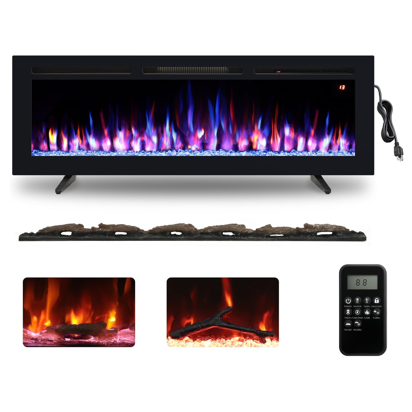 Kentsky 54" Electric Fireplace, Recessed, Wall Mounted and Freestanding Fireplace Heater, Adjustable Flame Color, Speed & Brightness, Thermostat, 9H Timer, Child Lock