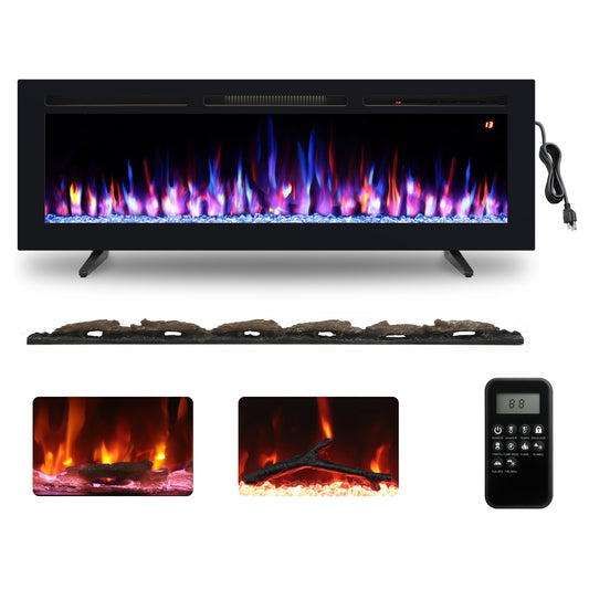 Kentsky 54" Electric Fireplace, Recessed, Wall Mounted and Freestanding Fireplace Heater, Adjustable Flame Color, Speed & Brightness, Thermostat, 9H Timer, Child Lock