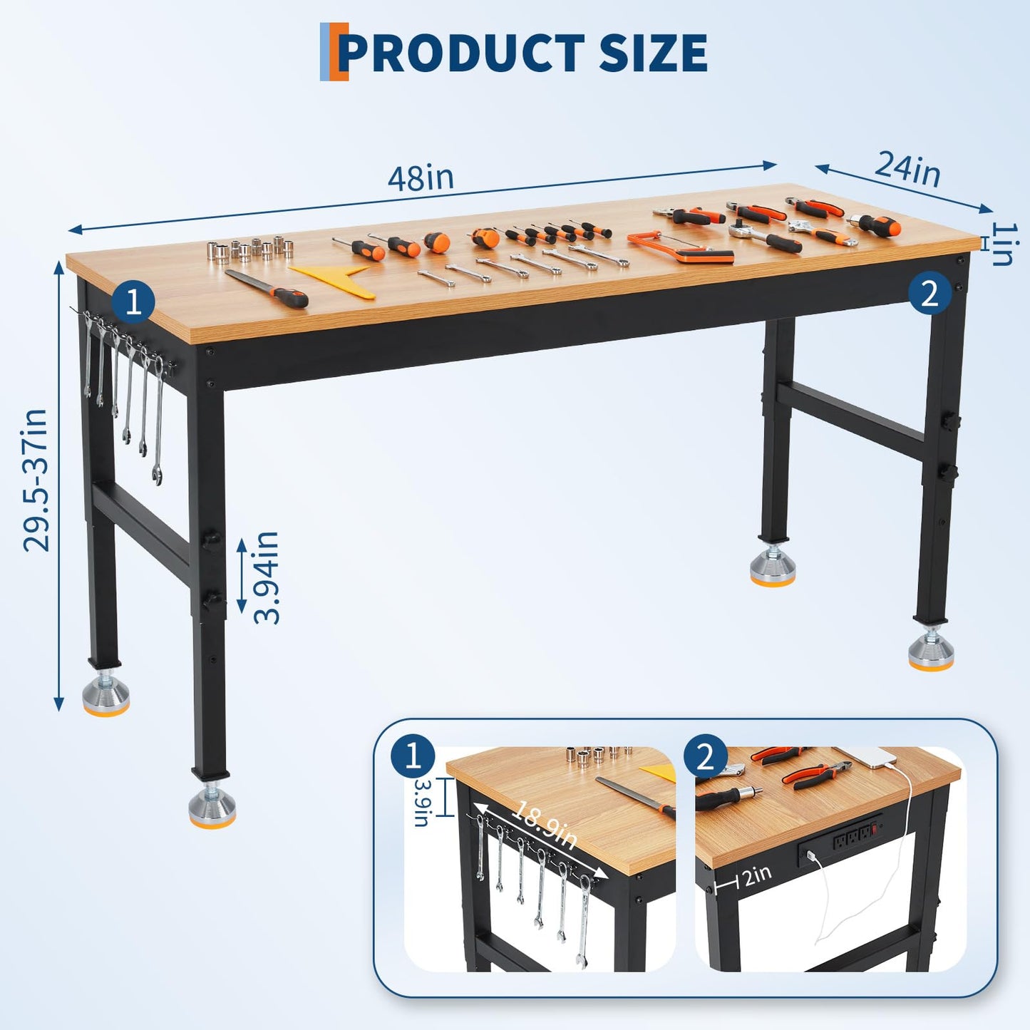 48" Work Bench, 48" x 24" Workbench with Power Outlet, Adjustable Height Work Benches for Garage, 2000 LBS Tool Bench for Workshop & Home