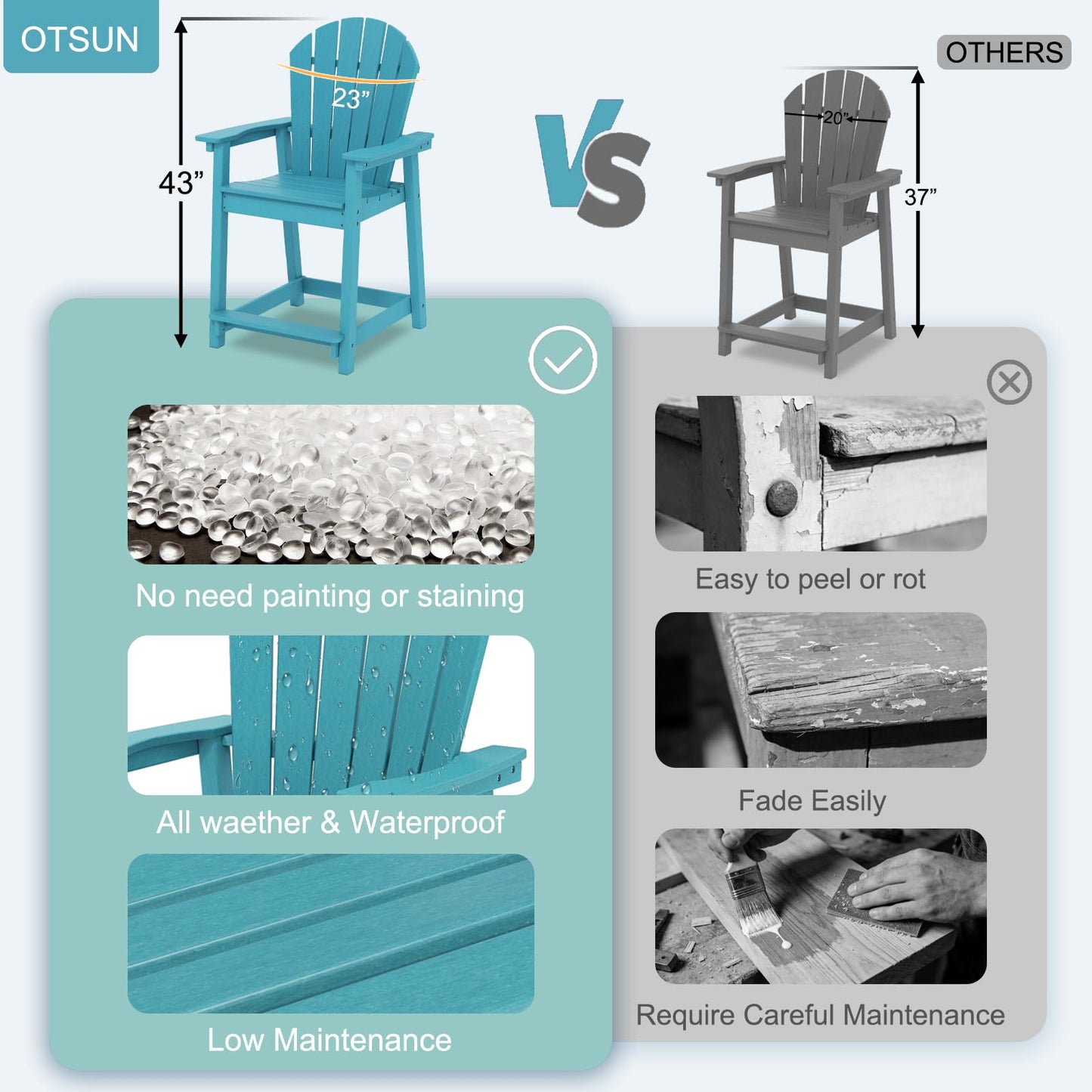 OTSUN Tall Modern Adirondack Chairs Set of 4, All Weather HDPE Bar Height Adirondack Stools Widened Durable Design for Porch Patio Yard Lawn Fire Pit Bistro Basement Indoors & Outdoors