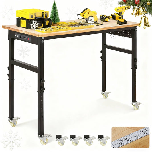 48" Adjustable Workbench with Power Outlet, 2000 Lbs Heavy Duty Work Table, 29.5"-39.4" Height Adjustable Workbench with Wheels & Pegboard, for Garage Office Workshop Home Commercial