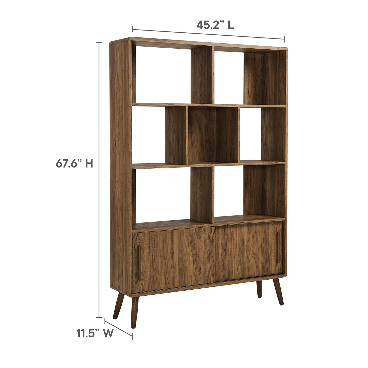 Modway Transmit 8 Shelf Bookcase with Sliding Doors in Walnut - 45 Inch Wood Mid-Century Modern Bookshelf - 4 Tier Tall Open Display Storage Cabinet for Living Room, Office, Hallway