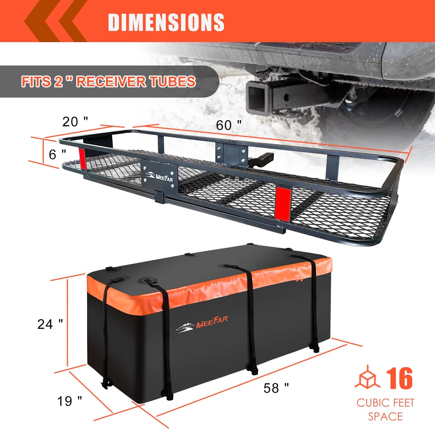 Hitch Mount Cargo Carrier Basket 60"*20"*6"+Waterproof Bag 16 Cubic Feet(58"*19"*24"),and Cargo Net with Attachment Hooks,Ratchet Straps,Hitch Stabilizer.500 Lbs Capacity,Foldable,fit 2" Receiver