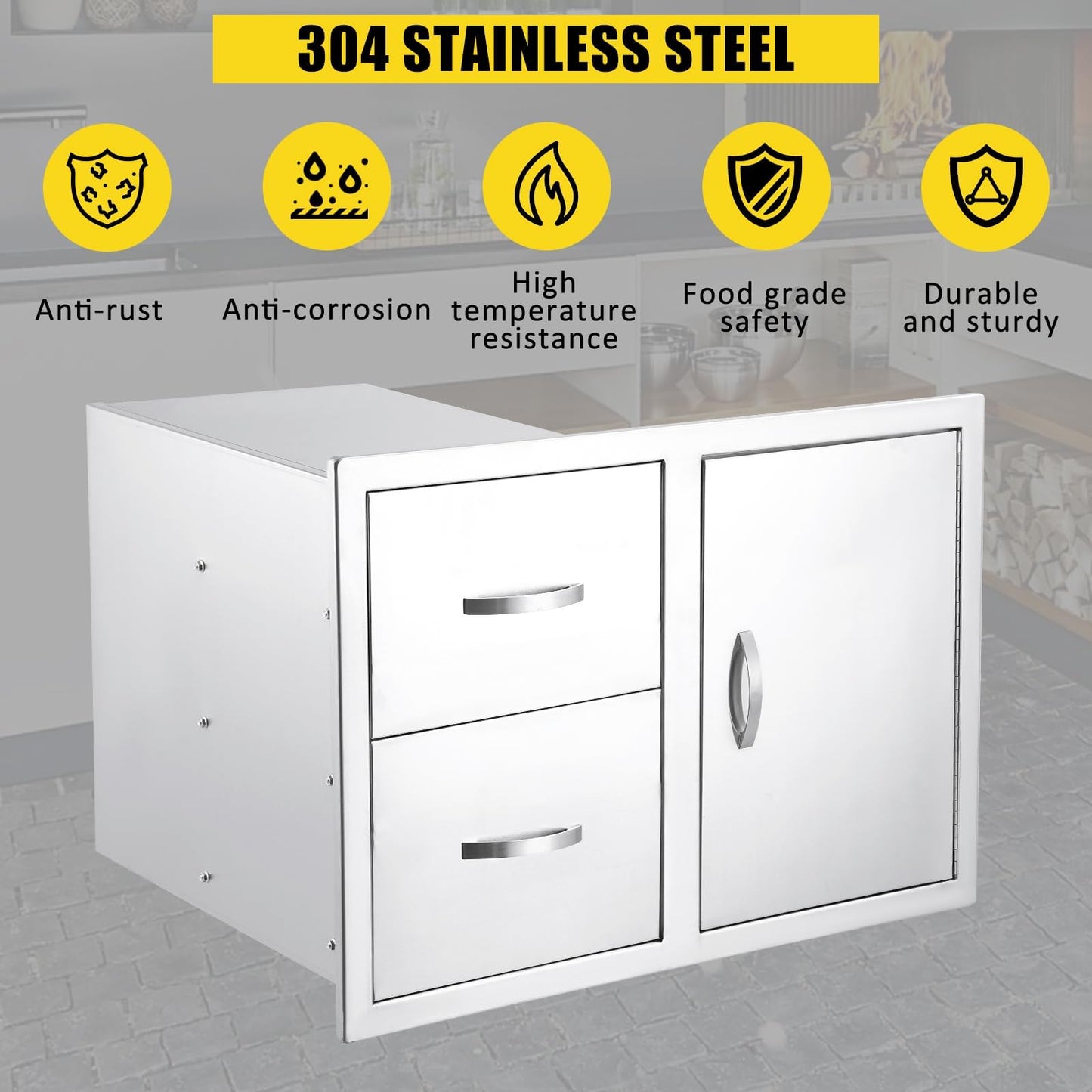  Outdoor Kitchen Drawer 33''W x 22''H x 22''D, BBQ Access Door Drawers Combo with Paper Towel Rack, Stainless Steel Outdoor Kitchen Cabinets for BBQ Island Grill Station Storage Cabinet