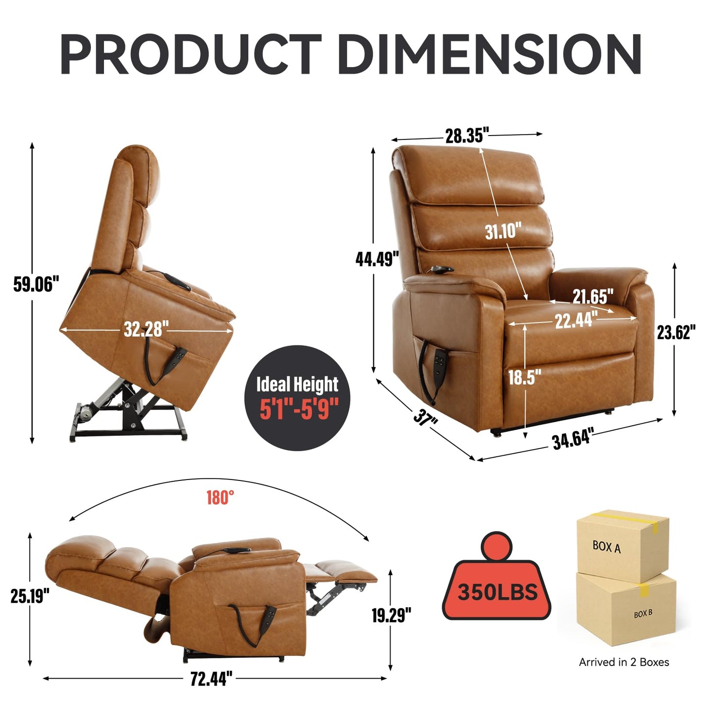 KEIKI Oversized Recliner Chair Dual Motor Power Lift Leather Recliner Chair with Heat and Massage, Infinite Position Power Reclining Simple Modern Chaise Lounge Chair Indoor, Yellow Brown