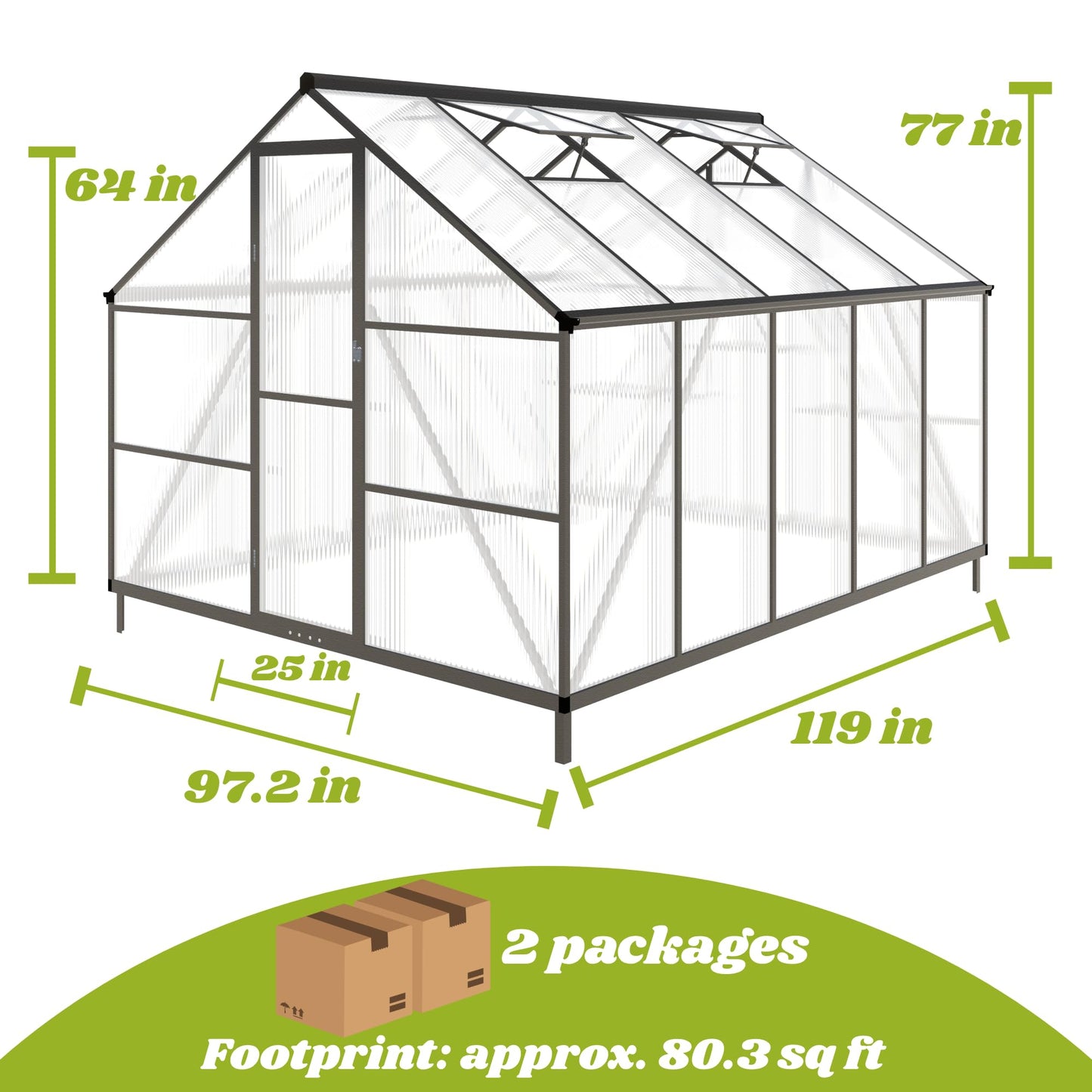 8x10 FT Greenhouse for Outdoors, Polycarbonate Greenhouse with Quick Setup Structure and Roof Vent, Aluminum Large Walk-in Green House for Outside Garden Backyard,Charcoal Black