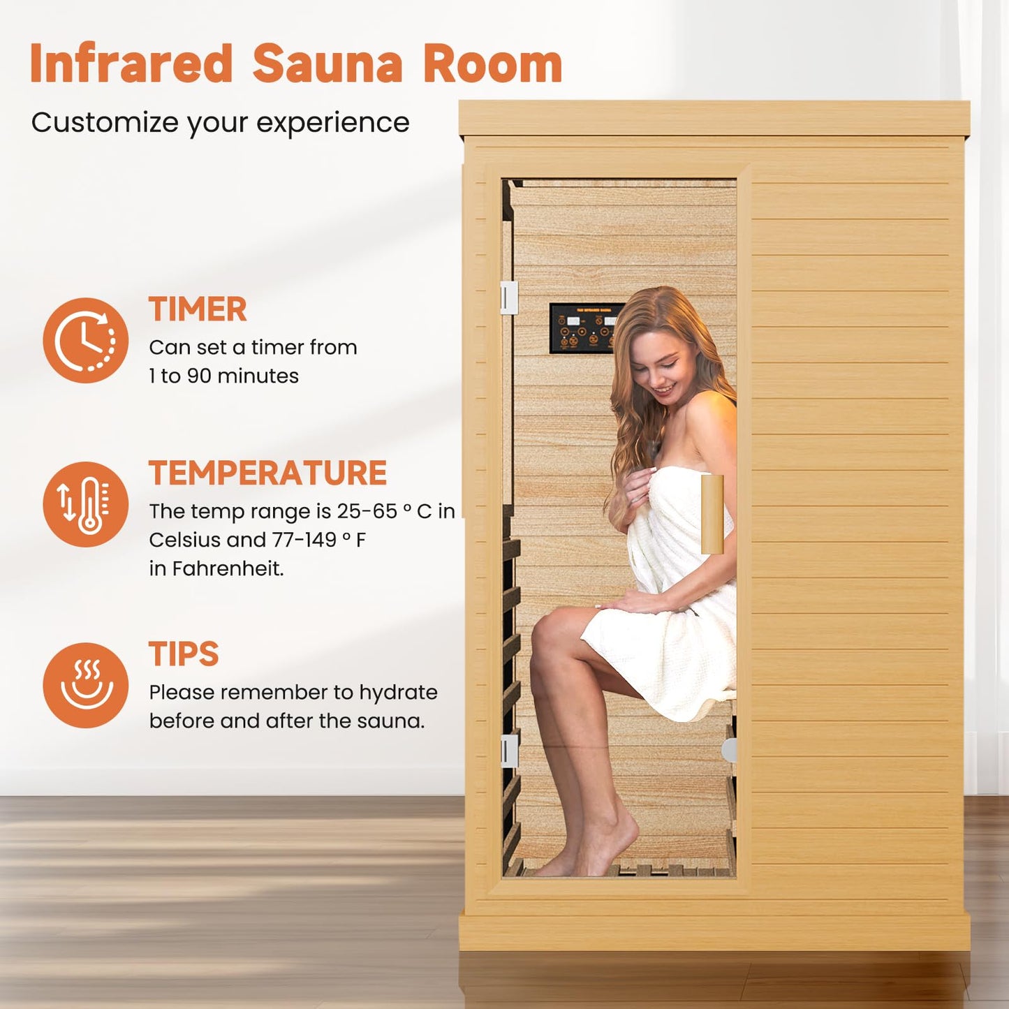OUTEXER Far Infrared Sauna Home Sauna Spa Room Canadian Hemlock Wood 1200W Indoor Saunas Low EMF 110V with 7 Color Light and Tempered Glass Door, Room: 35.2 * 27.6 * 61.6Inch