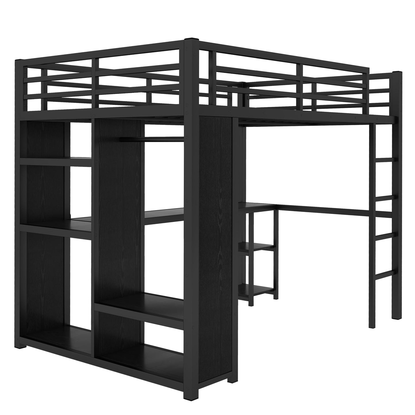 Bellemave Metal Full Size Loft Bed with Desk and Wardrobe,Heavy Duty Loft Bed Frame with Storage Shelves for Kids,Teens,Adults, Space Saving,Black