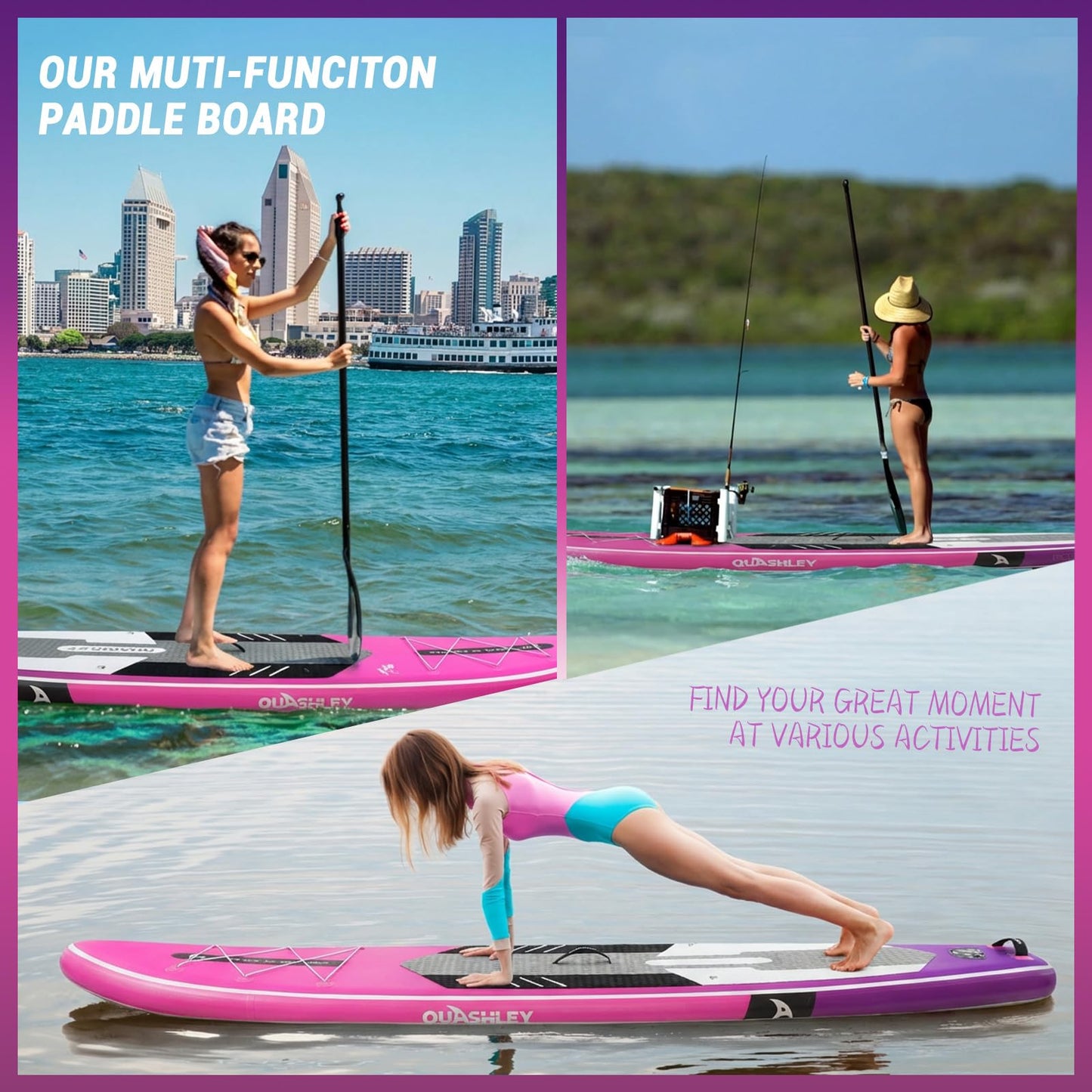 Quashley Inflatable Stand Up Paddle Board - All-Round SUP for Yoga,Fishing,Touring | Portable,Stable,Lightweight with Non-Slip Deck & Paddle for Beginners & Family Fun Fade Purple