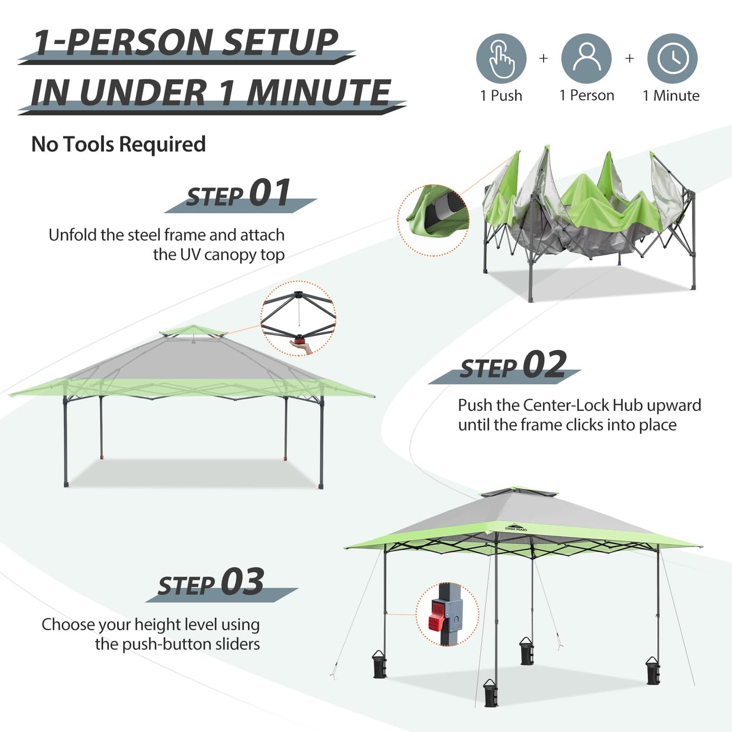 EAGLE PEAK 13x13 Straight Leg Pop Up Canopy Tent Instant Outdoor Canopy Easy Single Person Set up Folding Shelter w/Auto Extending Eaves 169 Square Feet of Shade (Gray)