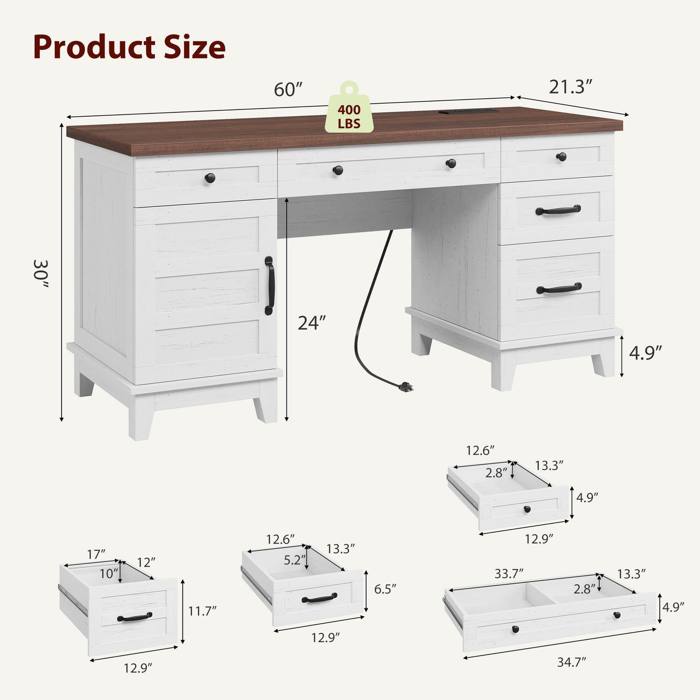 GAOMON 60in Wooden Executive Desk with 5 Drawers, Office Desk Computer Table with Charging Station, Farmhouse Home Office Desk with File Cabinet Storage, for Study and Home Office, White Walunt